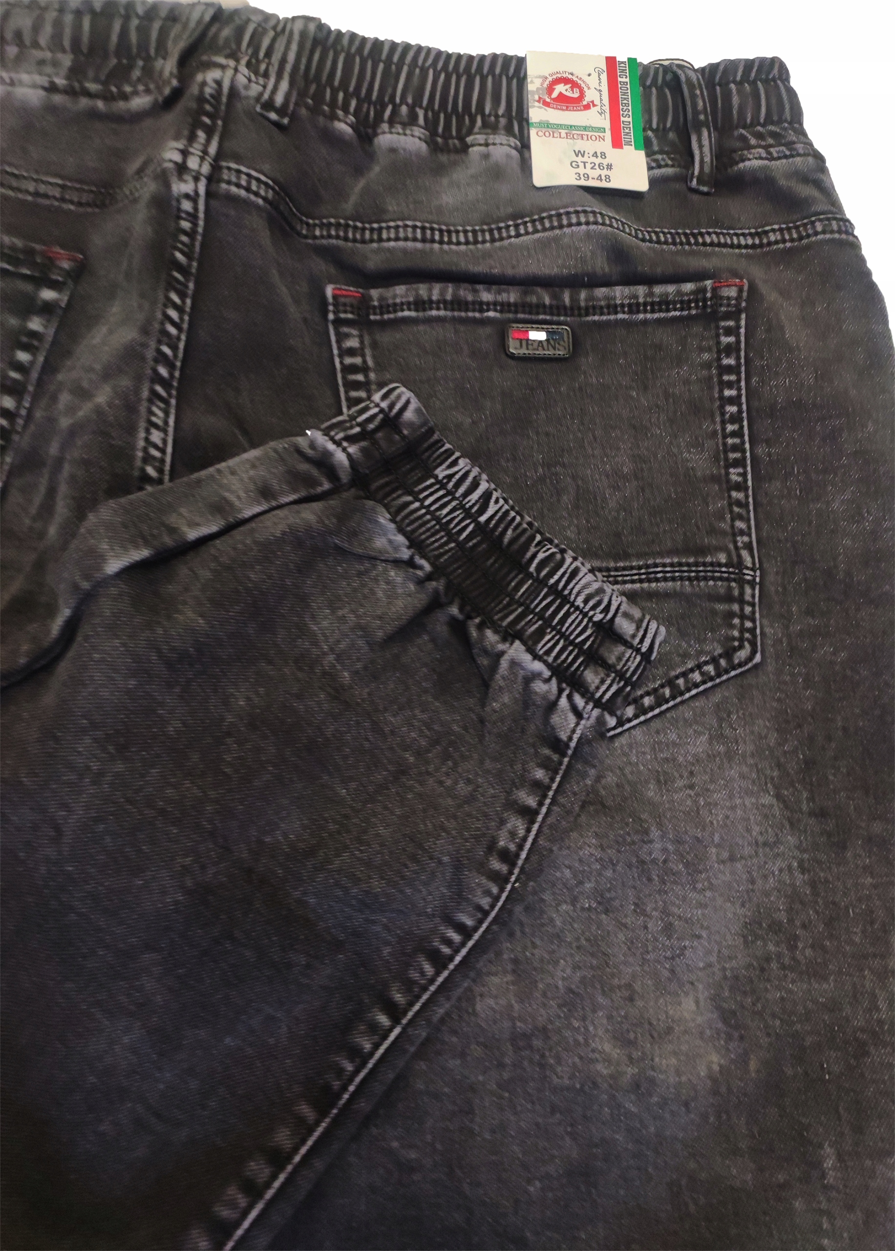 2XL Velké kalhoty Joggery jeans Černé Tírané Stahovací pásek Tommy Pas do 108 cm