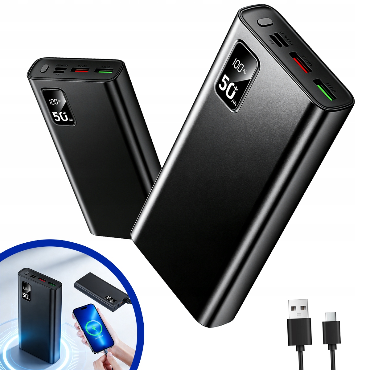 Power Bank 50000MAH 22.5W Dual Usb Ładownik Podróżny Czarny -szybki Charger