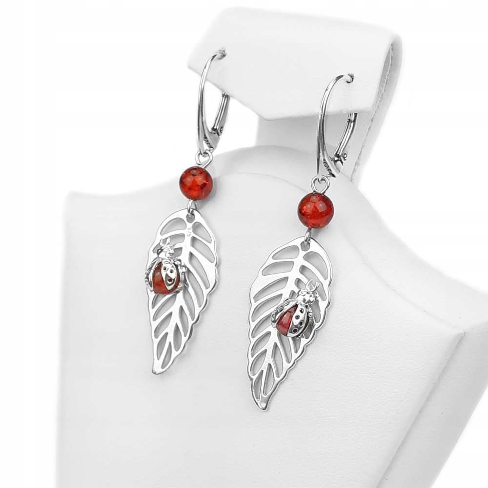 Stříbrné Náušnice lístek beruška Stříbro 925 s Jantarovou pryskyřicí, zapínání Anglické