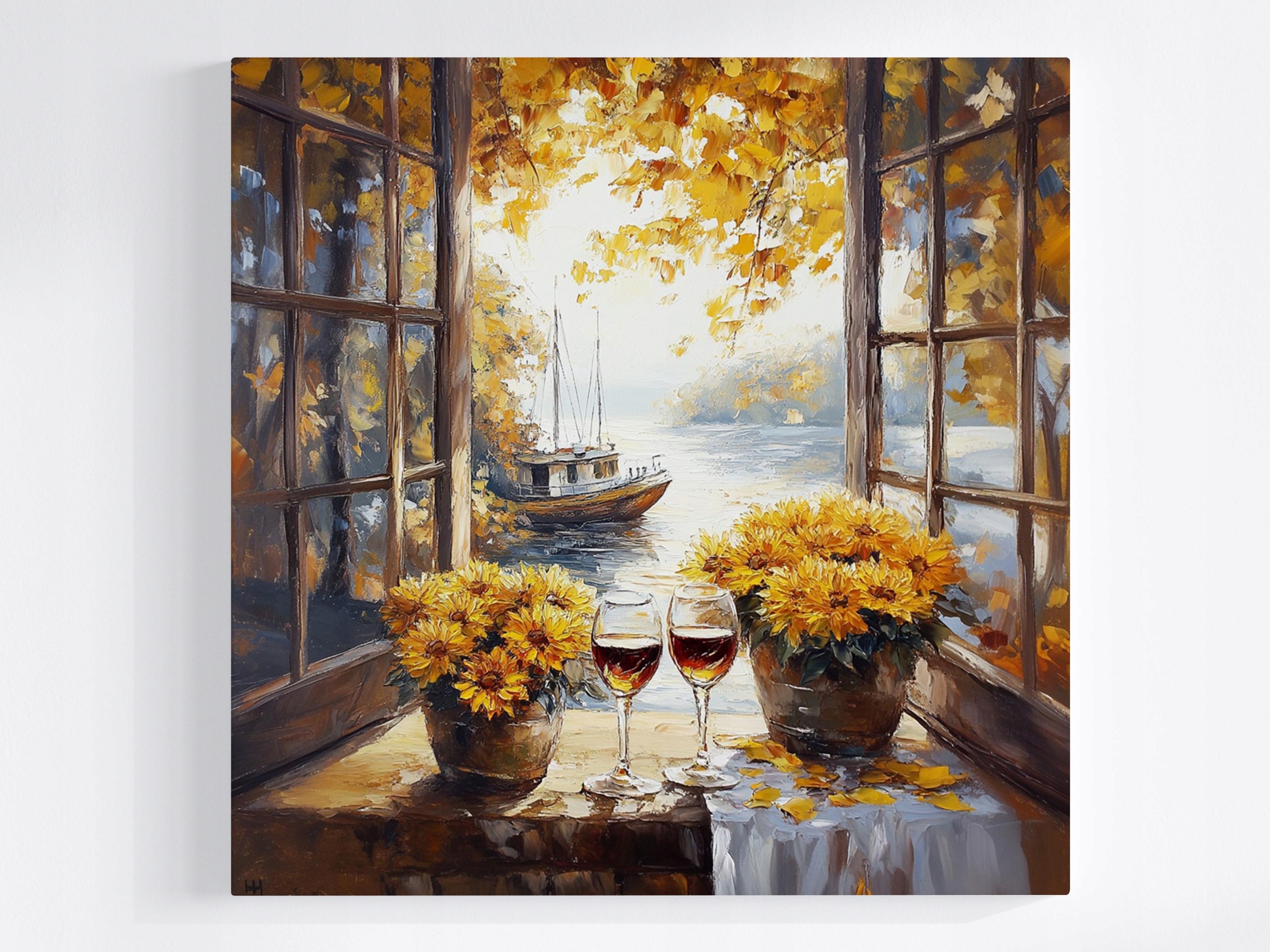 Obraz Na Plátně Canvas Okno Podzim Loď Víno Květiny Chryzantémy 80x80
