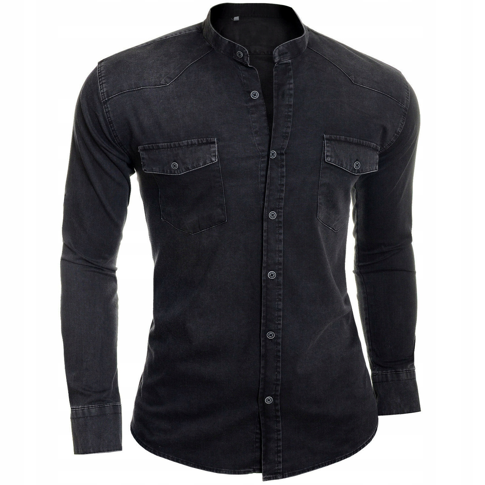 

Koszula Męska Jeans Przecierana Denim Stójka