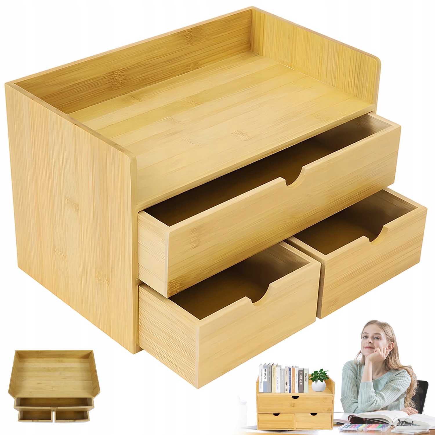 Bambusový Stolní Organizér, 3 Zásuvky Na Šperky, Dokumenty, Kancelář, Dům