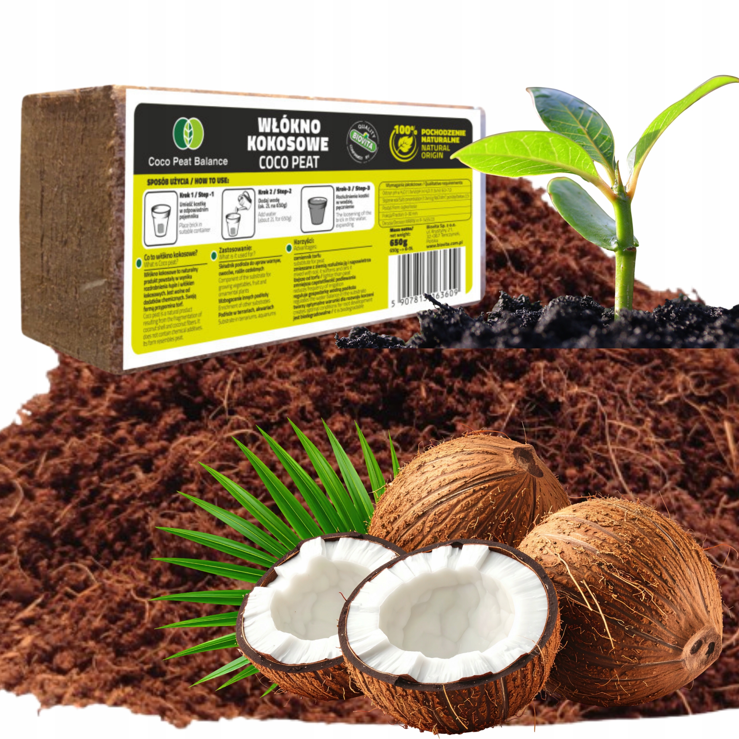 WŁÓKNO KOKOSOWE DO SADZENIA ROŚLIN Biovita brykiet 7l pH 6,5-7,5 0,65 kg