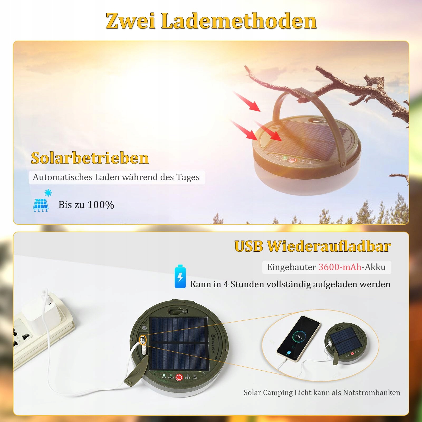 SOLAR CAMPING LAMPY LED ZASILANE USB WODOODPORNE 10M 8 TRYBÓW — miniatura 2