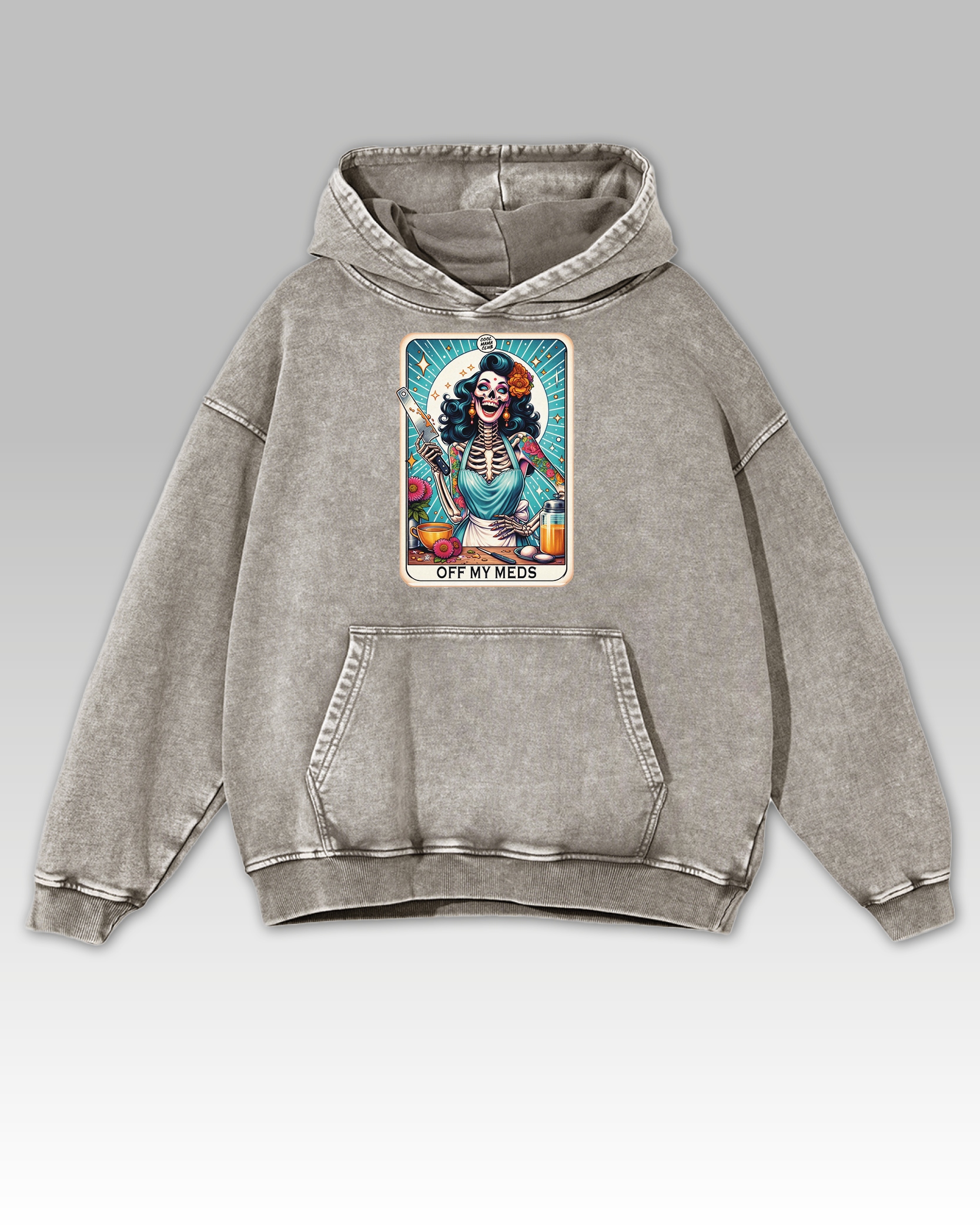 Mikina Off My Meds Temný humor hrůzostrašný motiv bez léků popelavý M