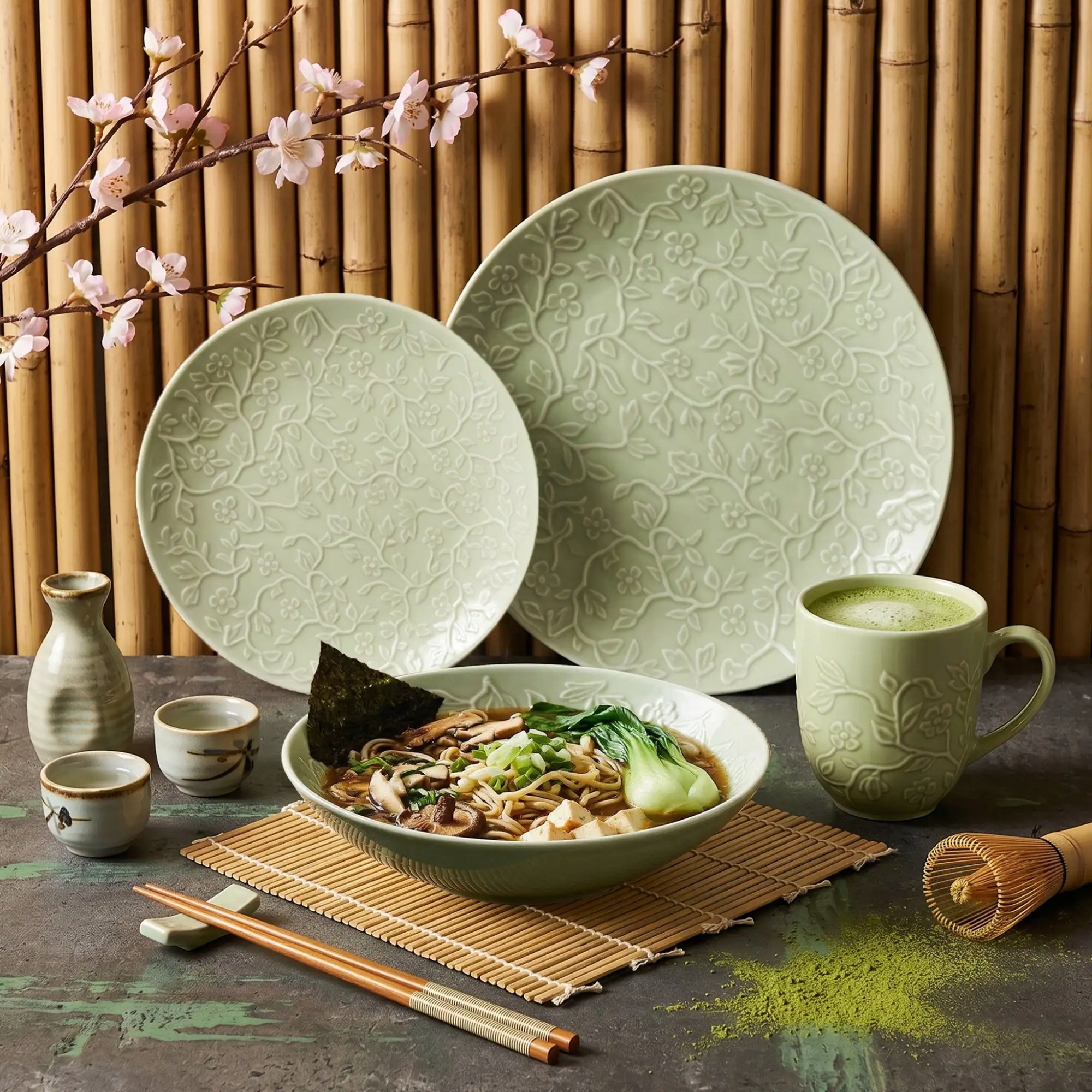 Lubiana Hanami Limonka Serwis obiadowy 48el 12 os porcelana kwiatowy relief