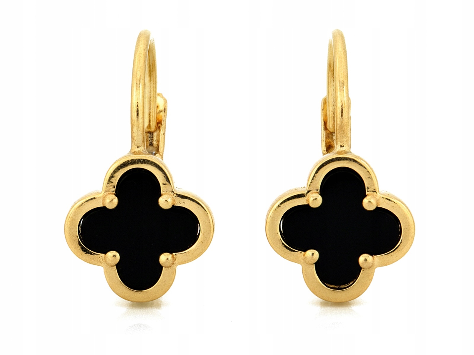 Dámské Zlaté Náušnice 585 s černým květem, syntetický kámen