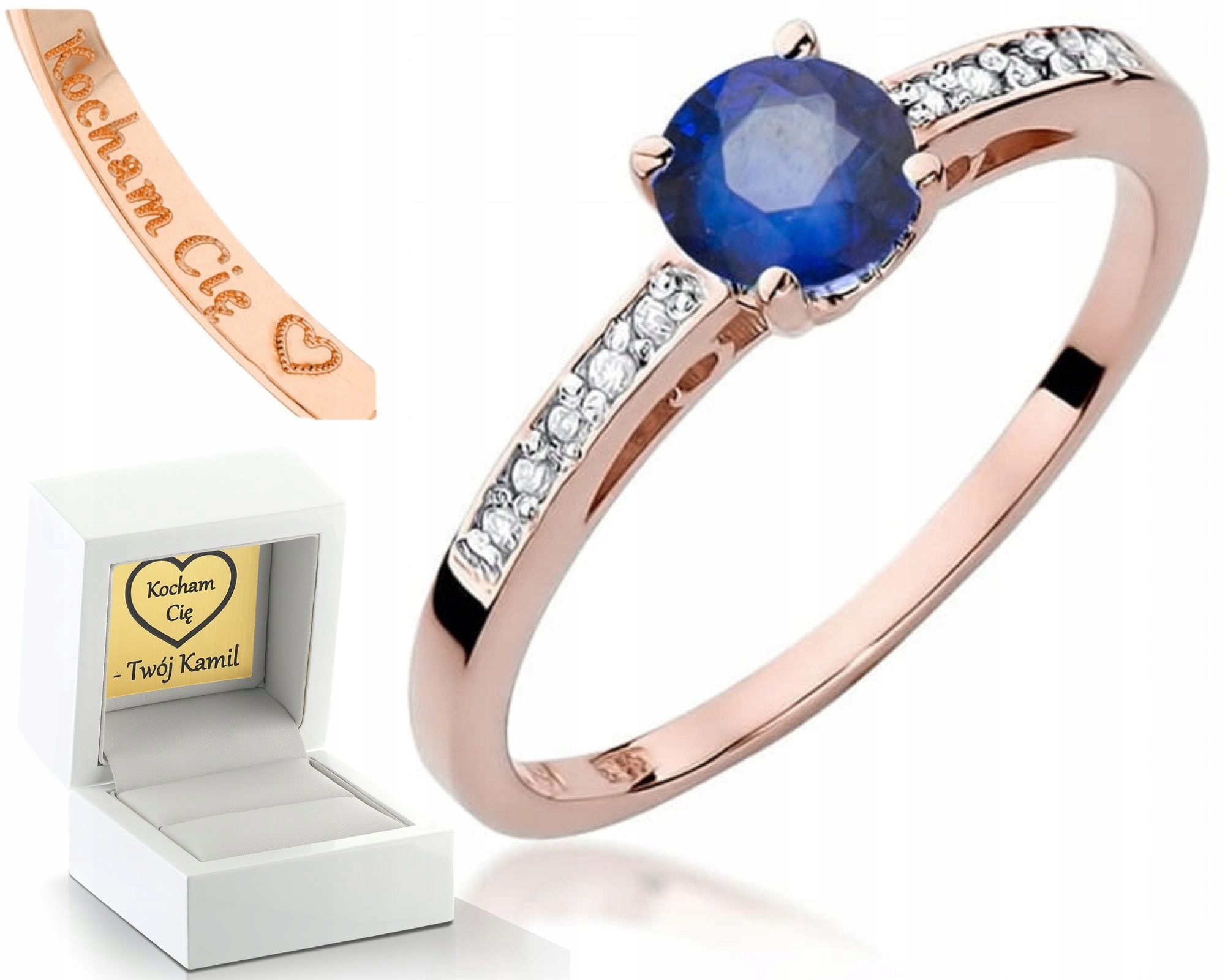 Zásnubní Prstýnek Z Růžového Zlata S Diamanty A Safíry, Gravírování 585, Dárek