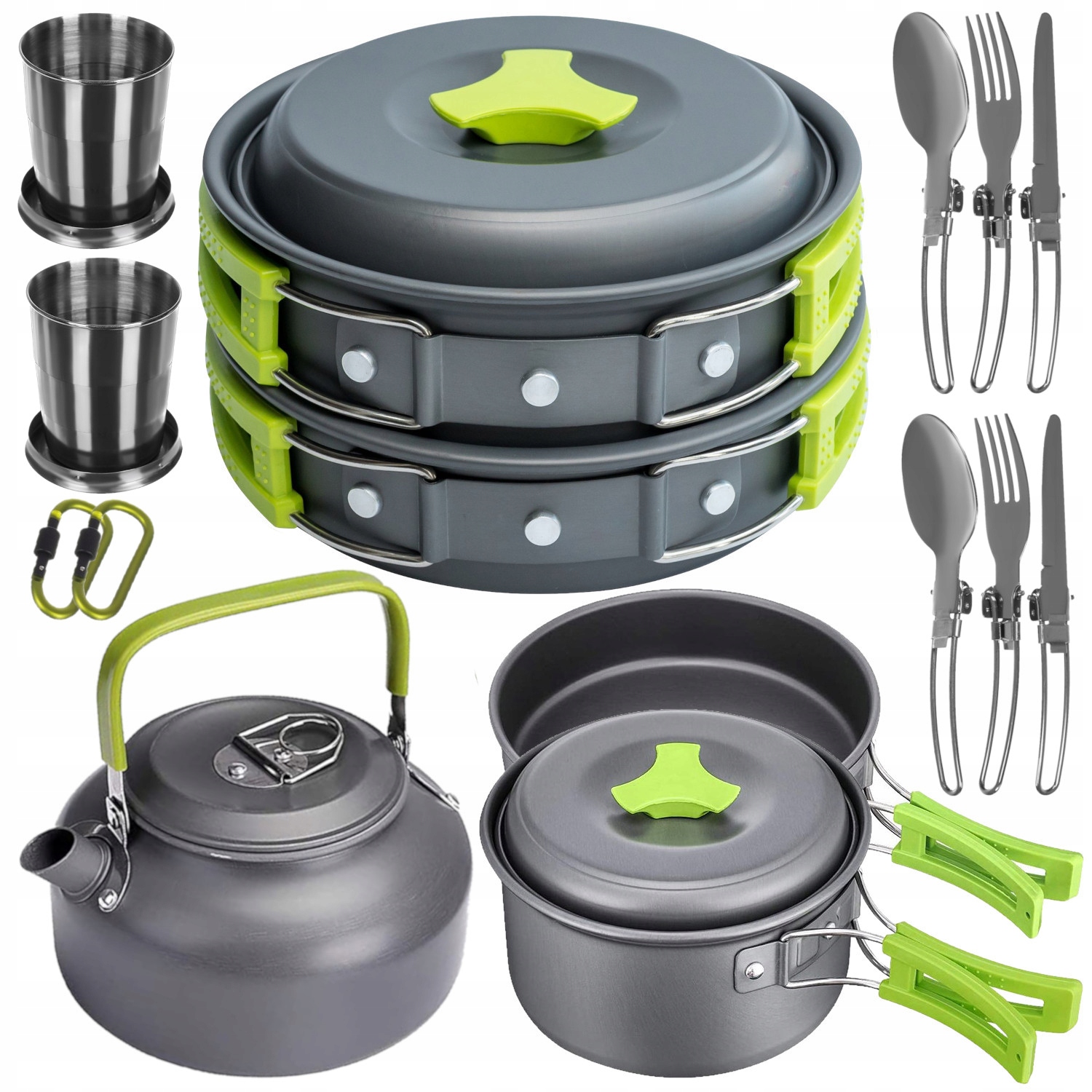 NACZYNIA TURYSTYCZNE KEMPINGOWE zestaw GARNUSZEK PATELNIA CZAJNIK SZTUĆCE