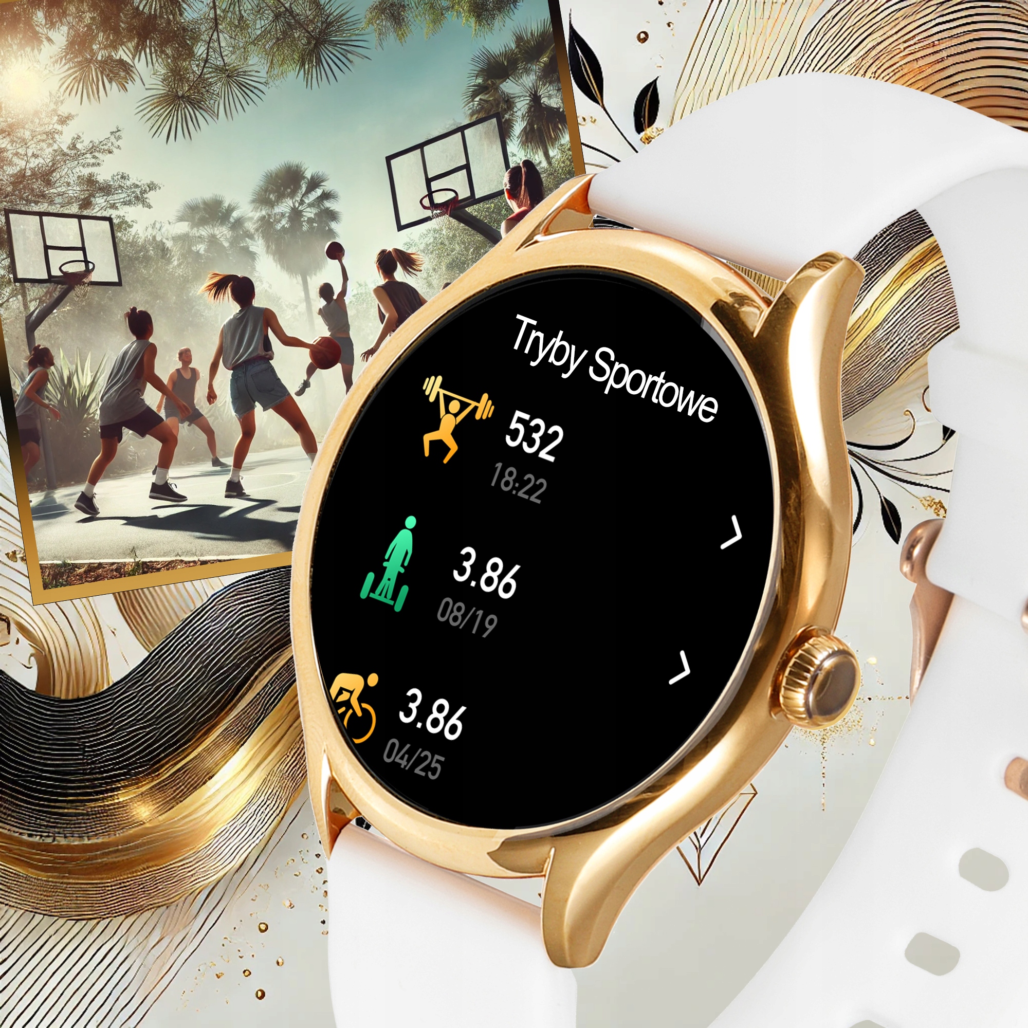 SMARTWATCH DAMSKI ZEGAREK PL MENU POWIADOMIENIA ROZMOWY SMART WATCH 3 PASKI Kolor koperty złoty