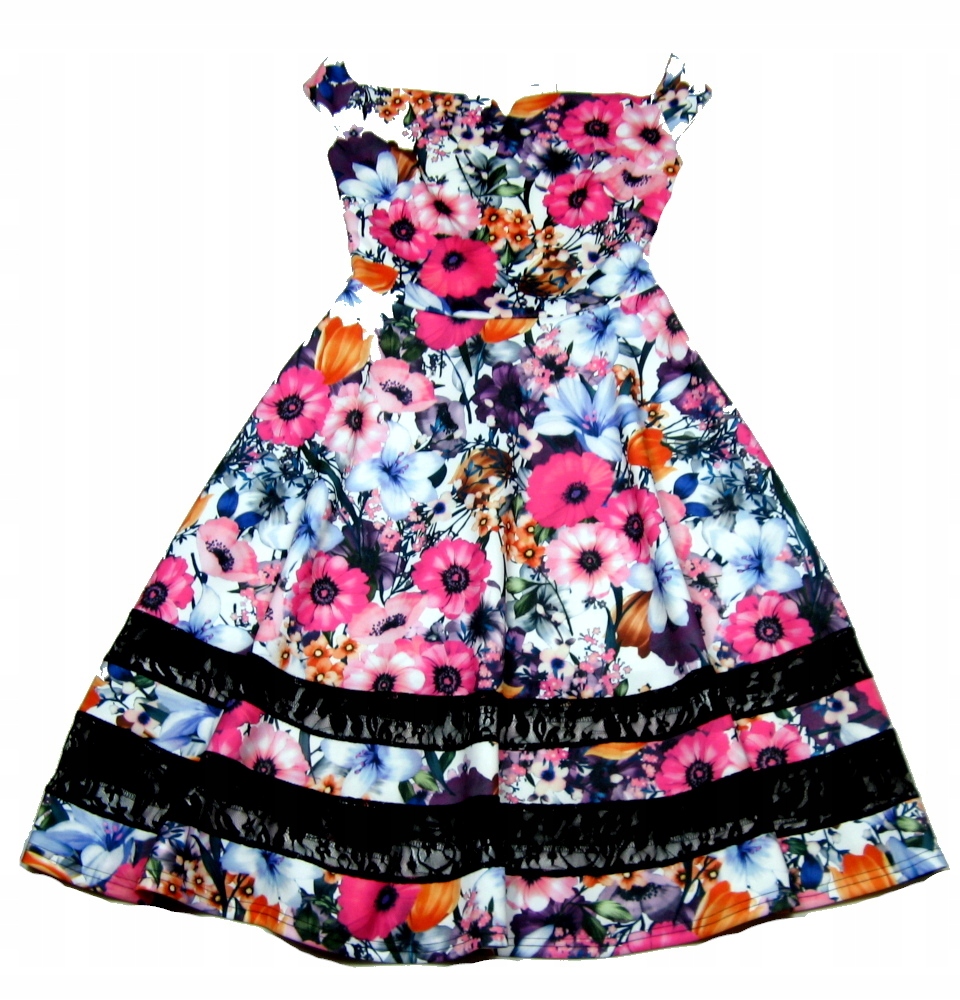 

Sukienka w kwiaty z koronką z paskiem 32/34 Nowa