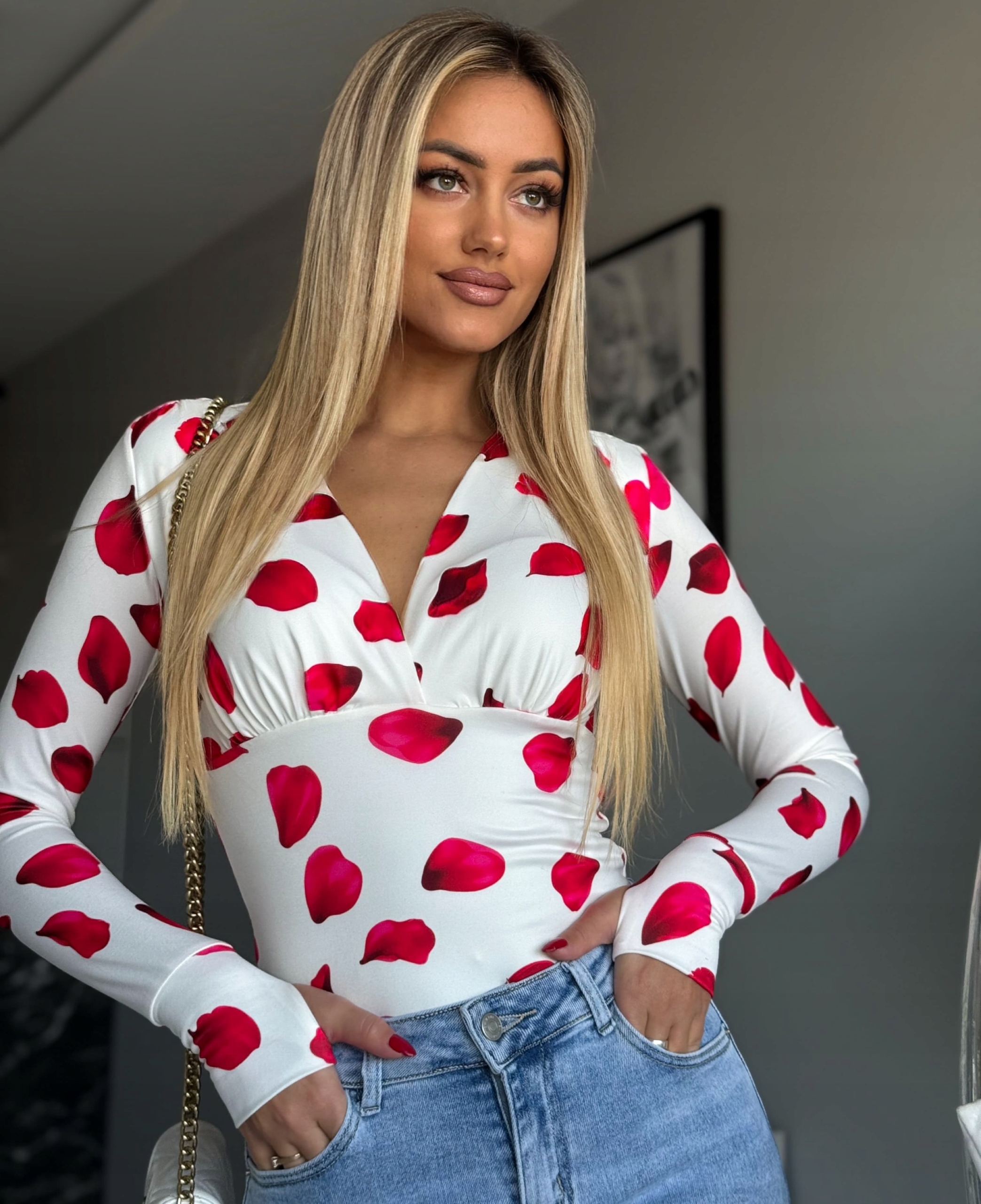 Elegantní halenka Marina Nová Kolekce Nasazovací Prst Okvětní lístky růží Vzor Xs