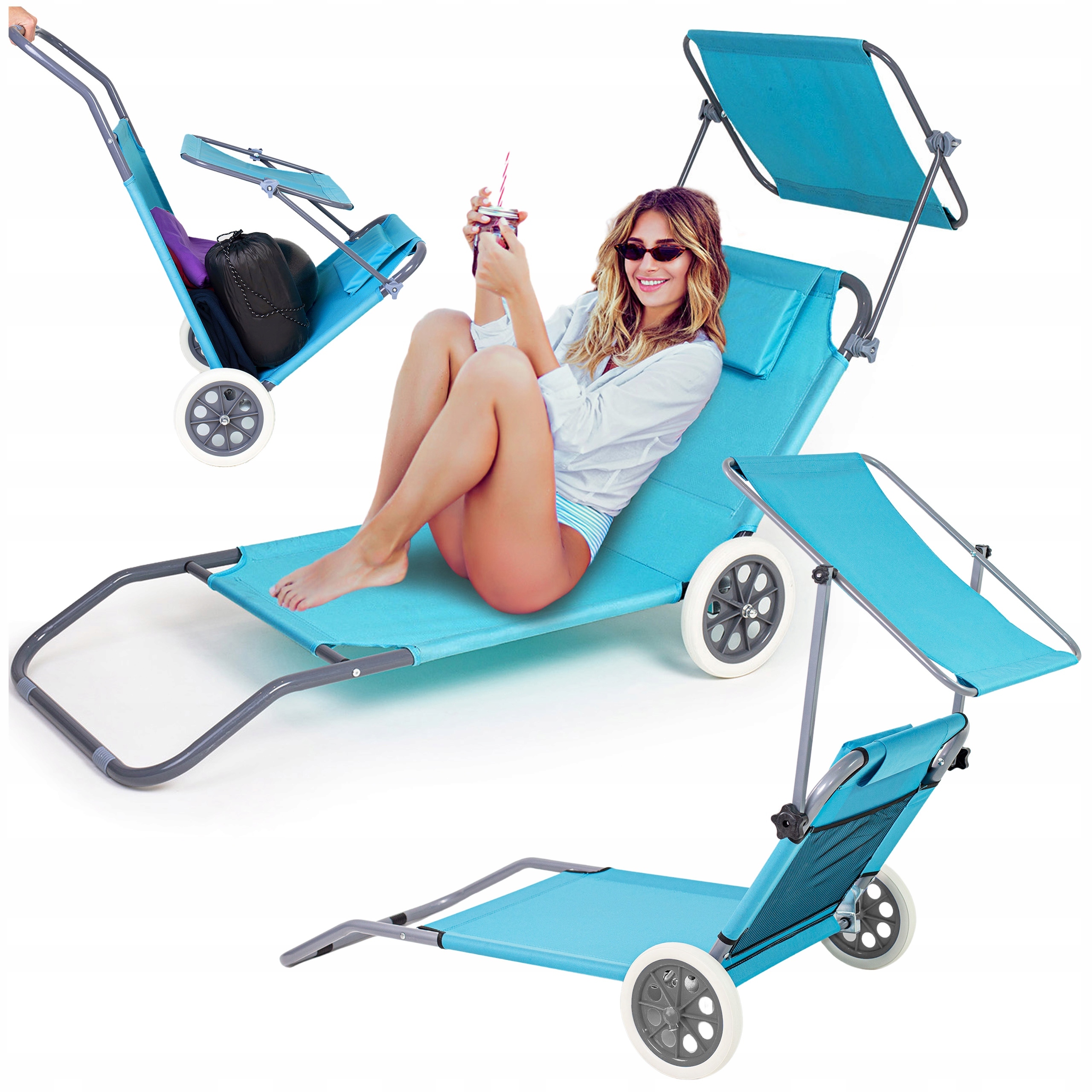 Leżak Plażowy Składany Fotel Ogrodowy Wózek Na Kółkach Leżanka Z Daszkiem