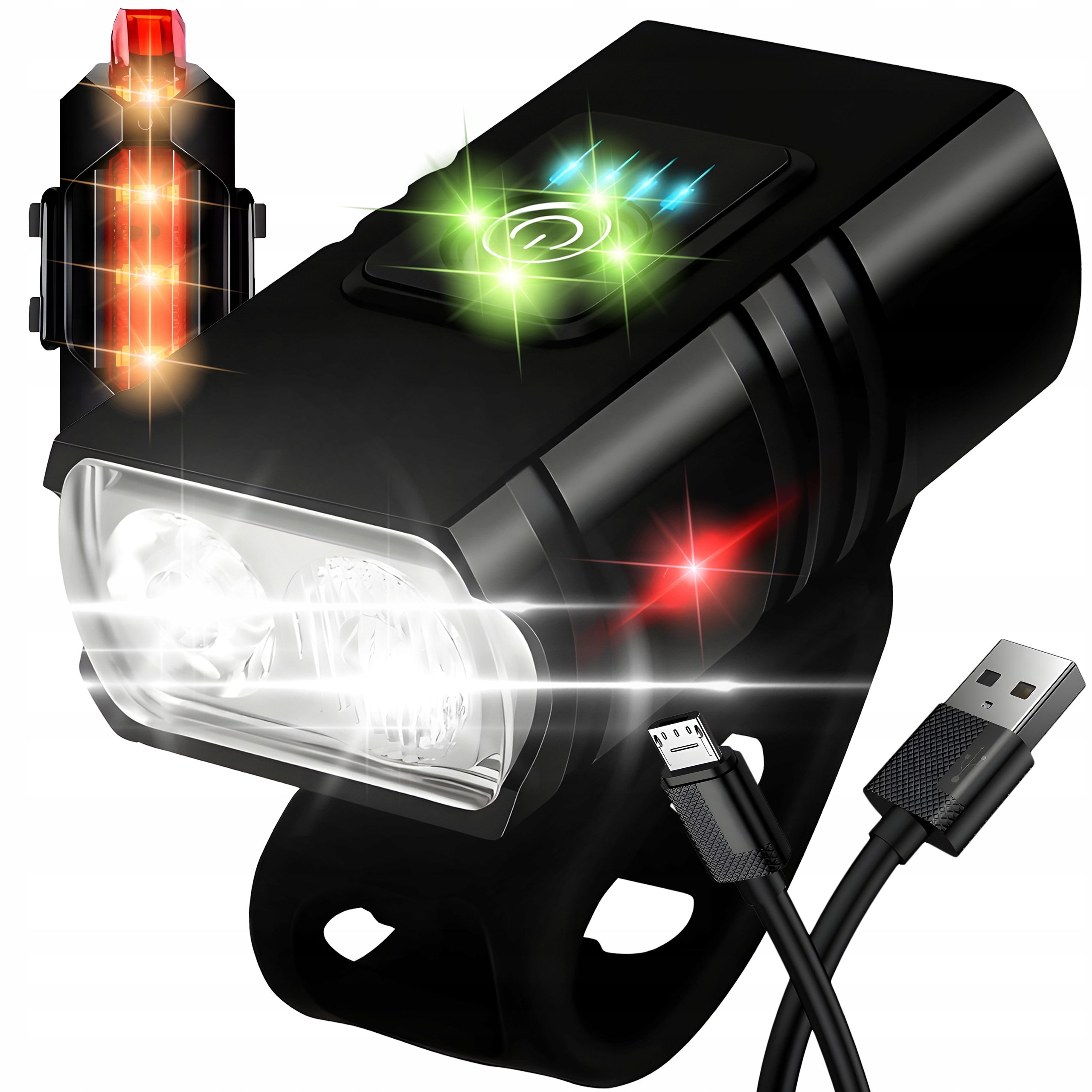 LAMPKA ROWEROWA LED NA ROWER KIEROWNICĘ AKUMULATOROWA MOCNA USB + TYŁ TYLNA