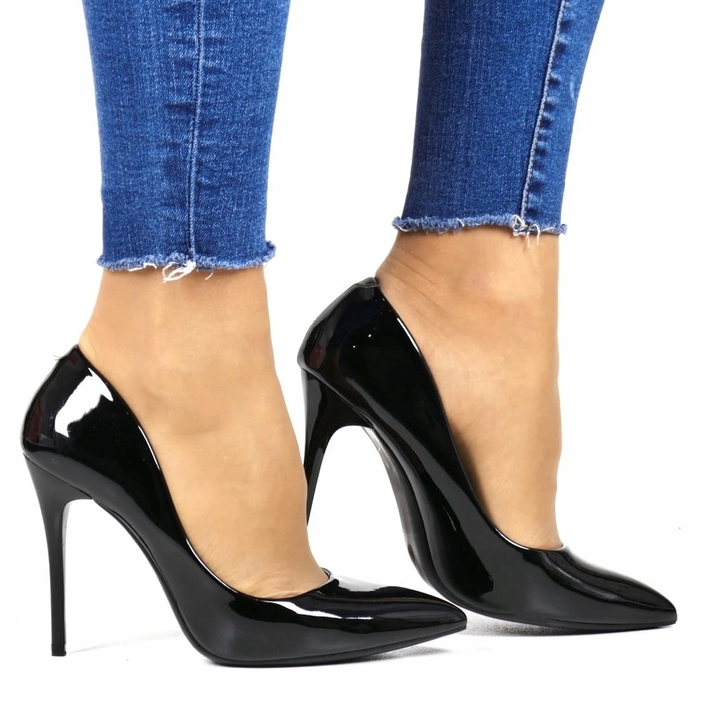 Dámské boty Vysoké Lodičky Černé Lakované Elegantní Špičky