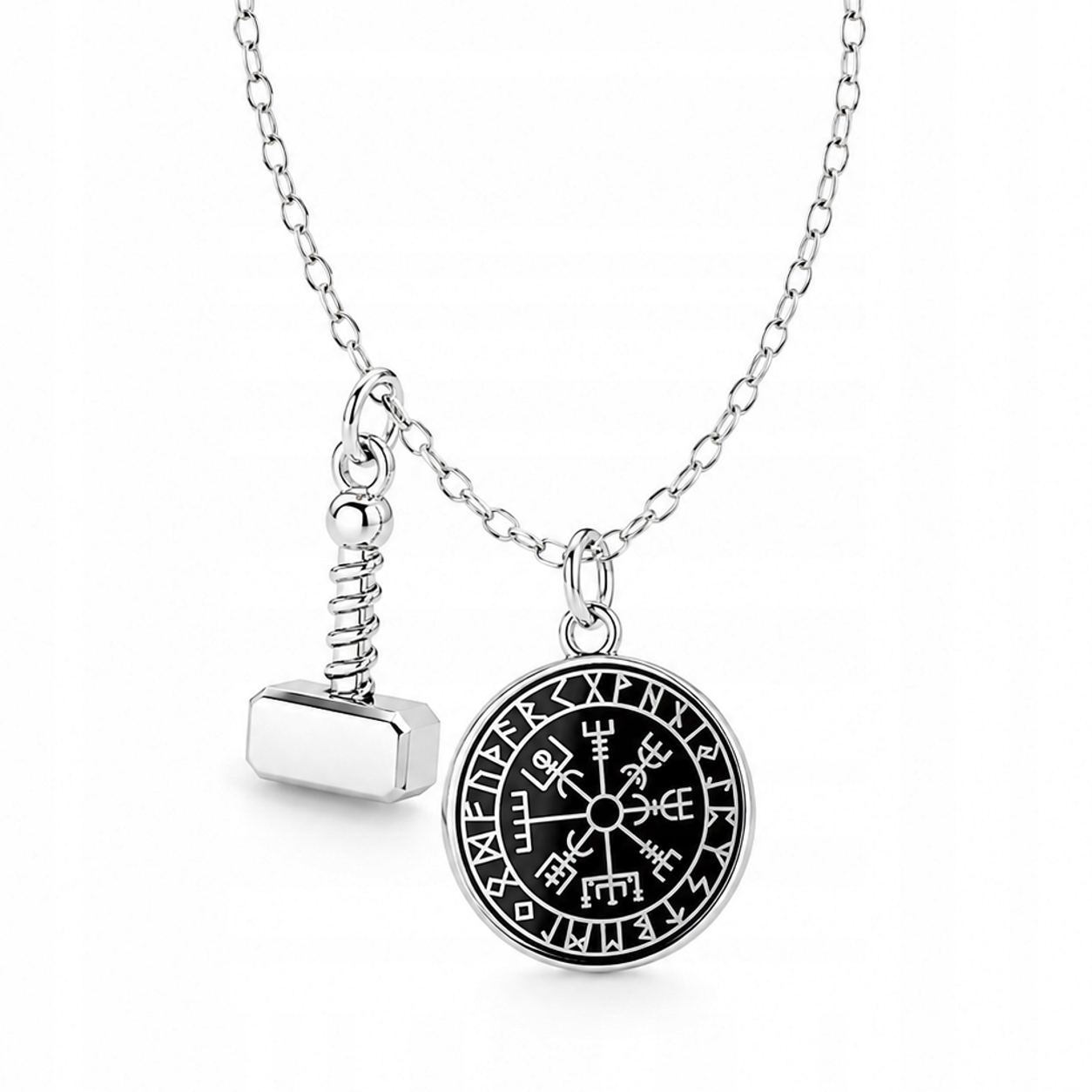 Kompas Vegvisir Kladivo Mjolnir Wiking Stříbrný náhrdelník rolo oval stříbro 925