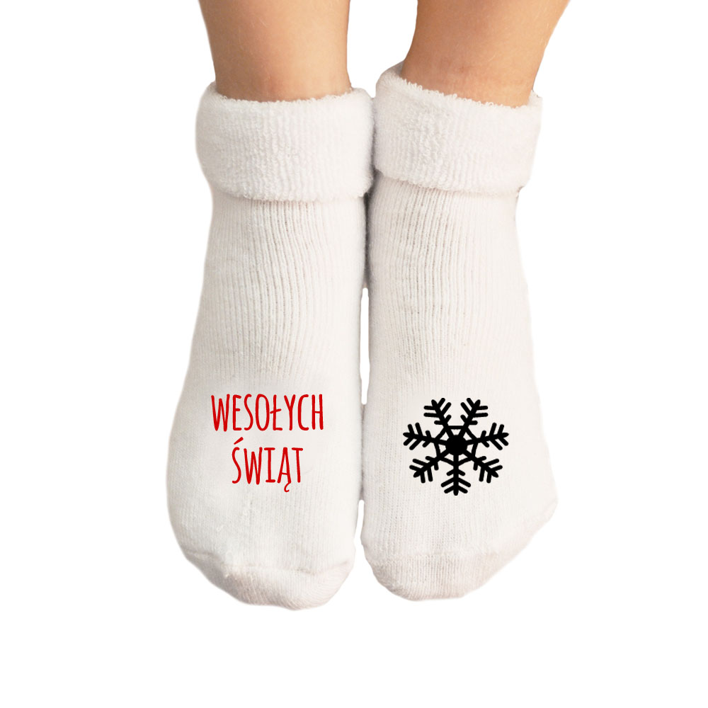 

Skarpetki niemowlęce Wesołych Świąt, białe frotte