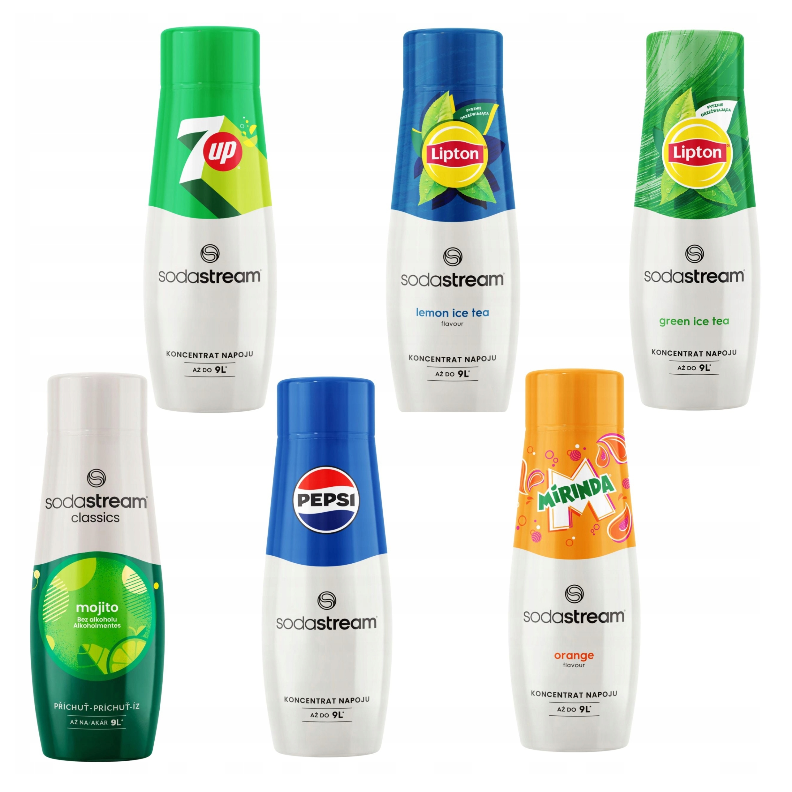 Levně Sada Sirupů Sodastream Pepsi, Mirinda, 7UP, Mojito, Lipton Lemon, Green