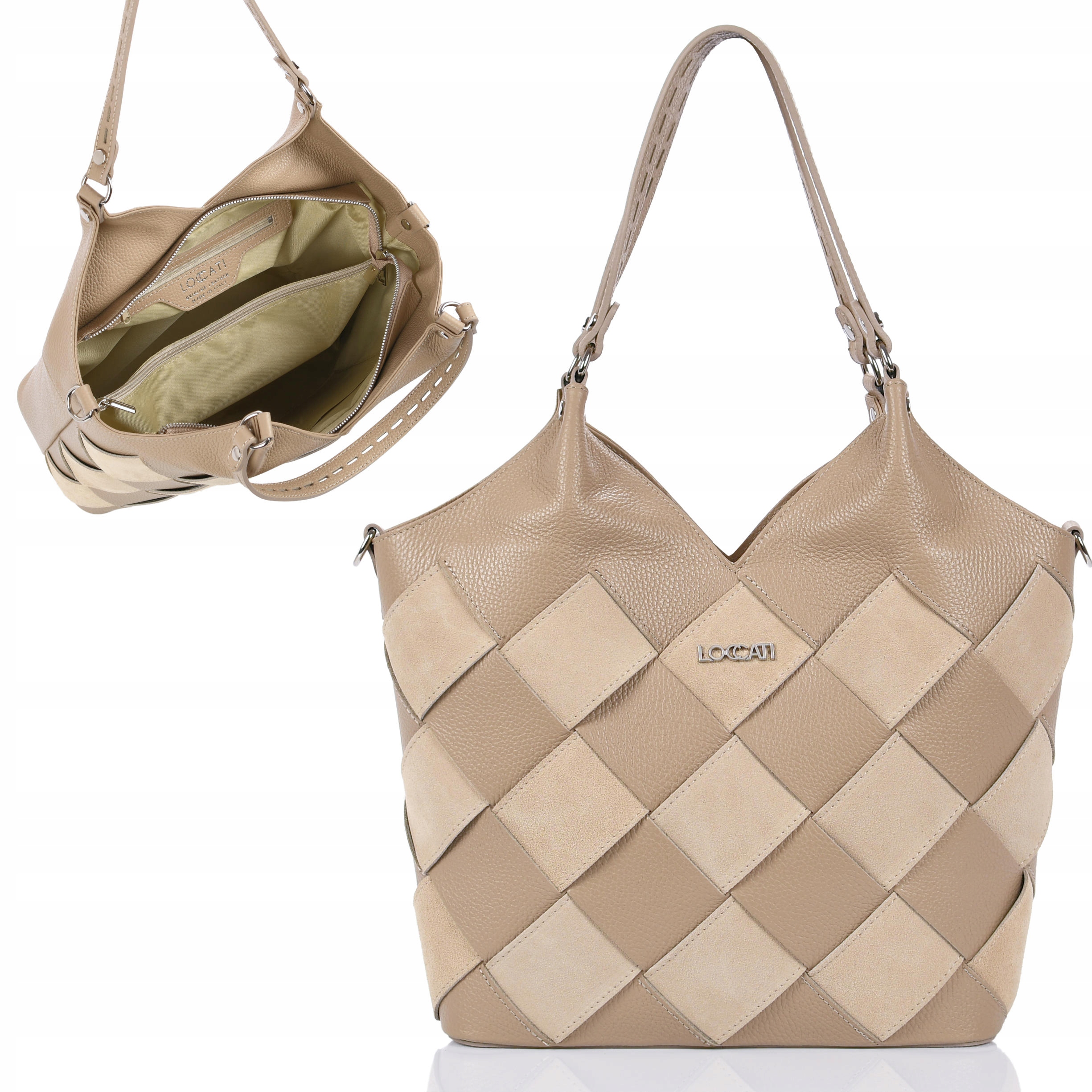 Włoskie skórzane torebki Loccati A4 – modne na ramię duże a4 beżowe