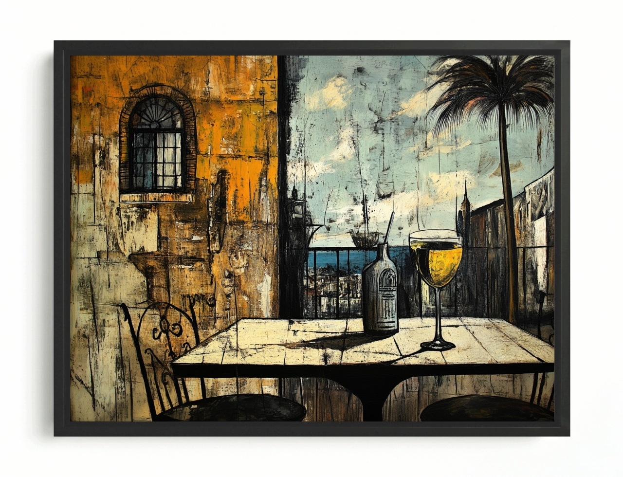 Obraz Rám Americká Krabička Pohled Balkon Terasa Stůl Drink Palma Moře 80x60