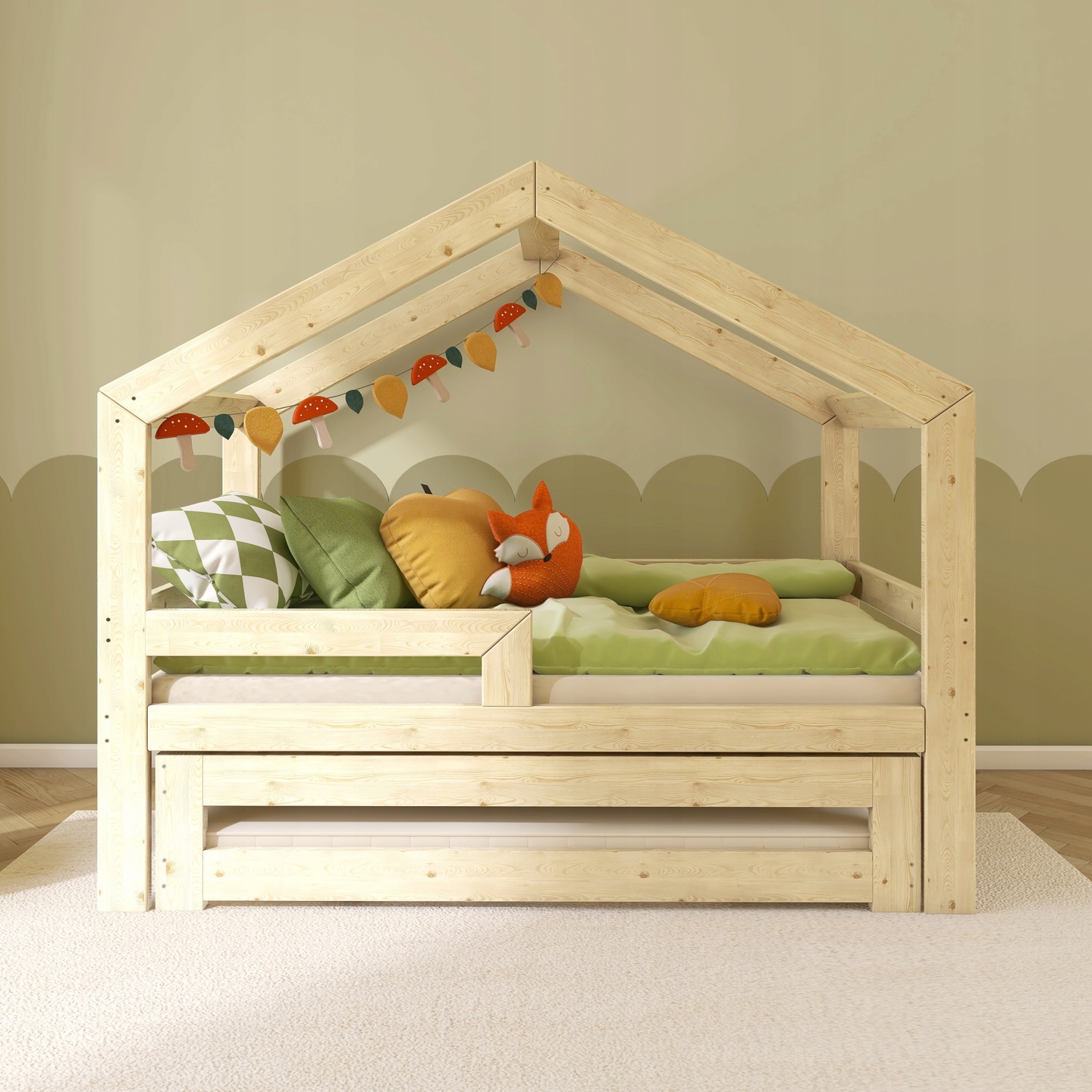 ŁÓŻKO DOMEK PODWÓJNE WYSUWANE PIĘTROWE 160X80 + BARIERKA + 2 STELAŻE W5 EAN (GTIN) 5905943377170