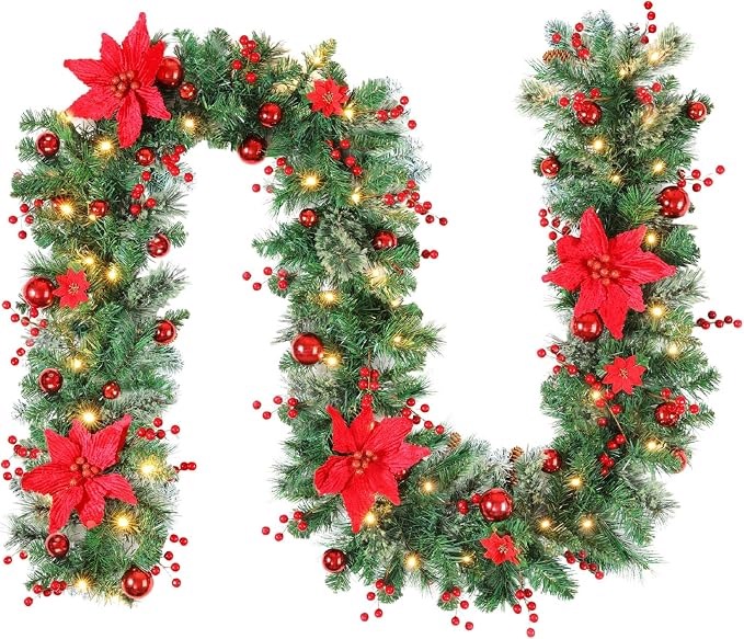 Vánoční girlanda 270 cm Led 50 lampiček Červené květy Vánoční Baňky Vánoční stromek