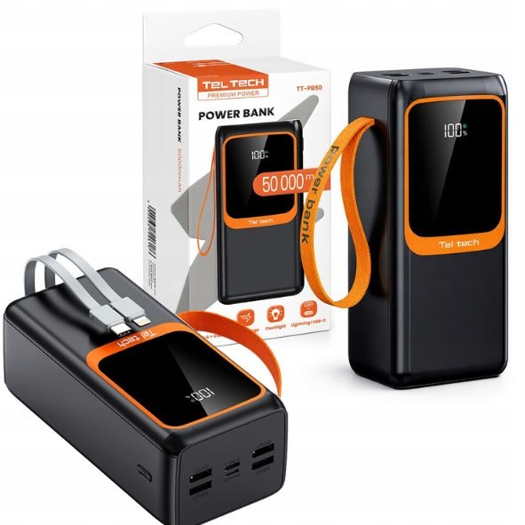 Výkonná Powerbanka Teltech 50 000 mAh 22.5W/5A s Kabely Usb-c a Lightning