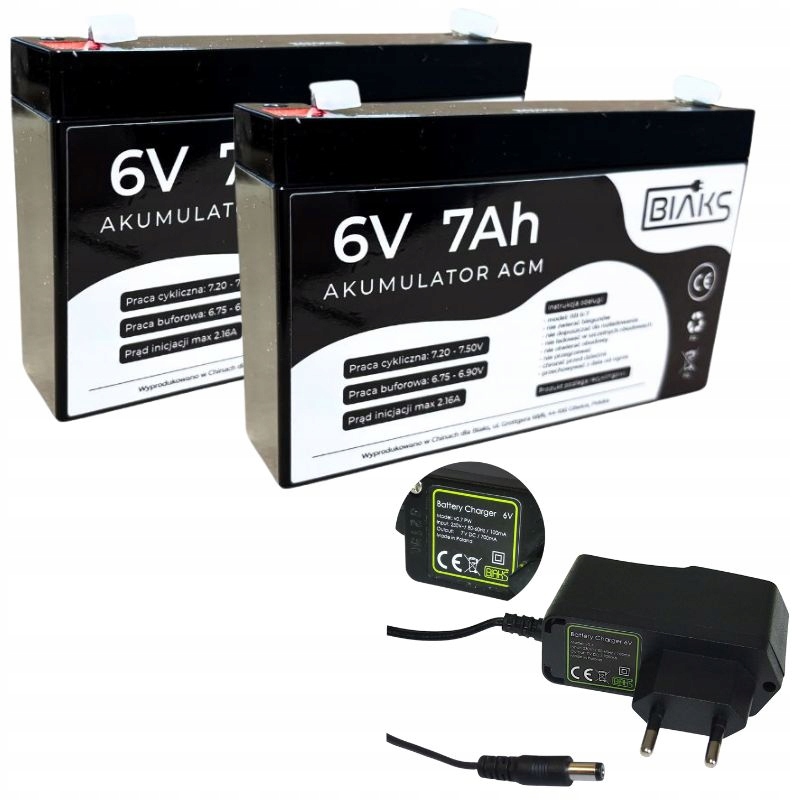Set 2x Akumulátor Agm 6V 7Ah Biaks (rozměr 7.2Ah) nabíječka 6V DC Zástrčka