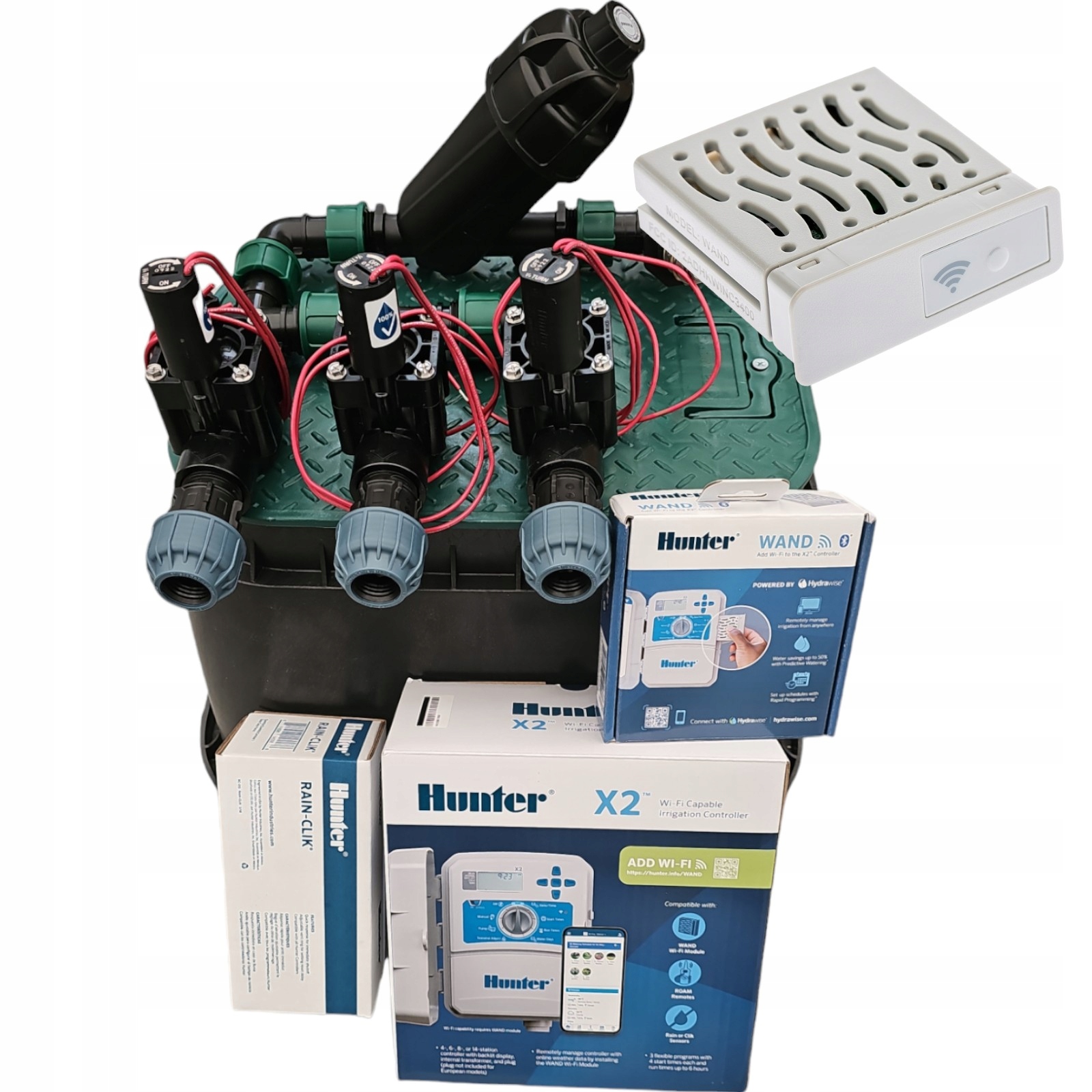 Zestaw 3 sekcje Hunter Pgv Filtr Sterownik X2 Czujnik Moduł WiFi rura Pe 25