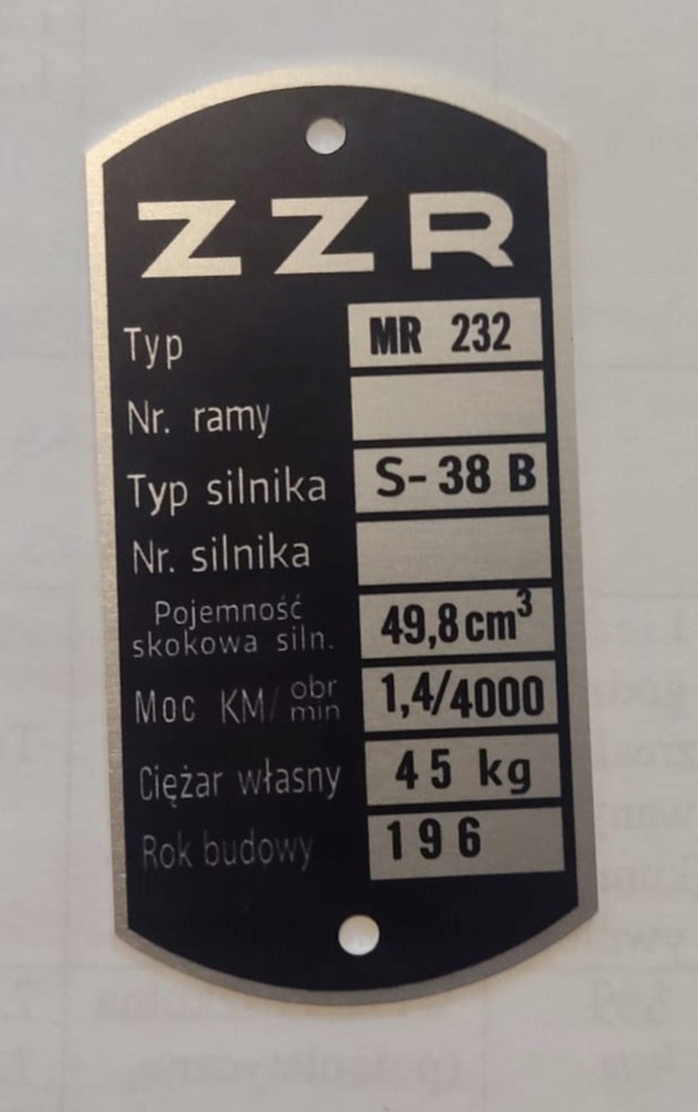 Tabliczka znamionowa Zzr Komar Mr 232 sztywniak