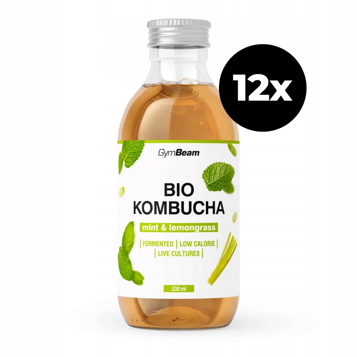 Bio Kombucha Fermentovaná GymBeam 12x330ml máta a tráva