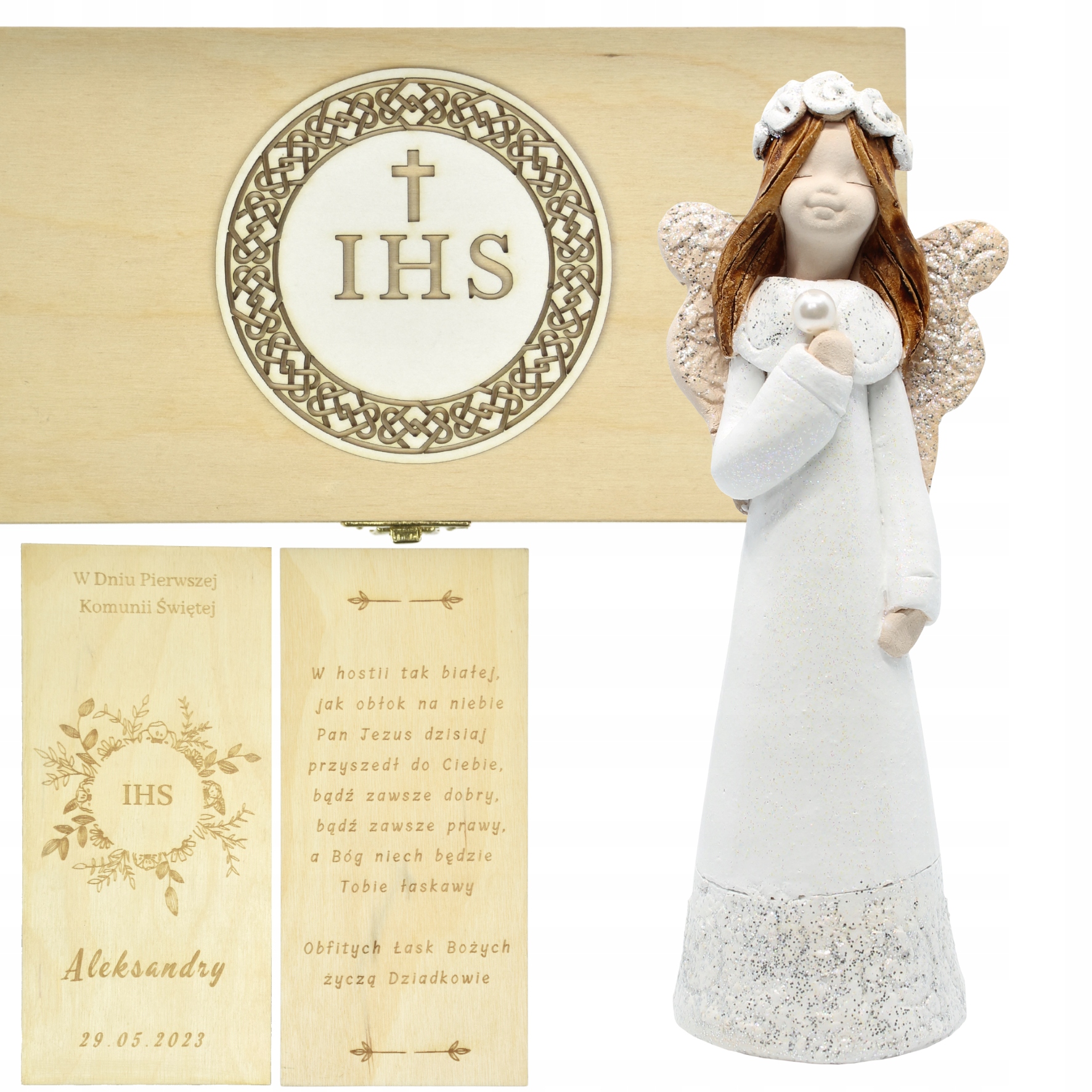 ANIOŁ FIGURKA PAMIĄTKA KOMUNII ŚWIĘTEJ GRAWER