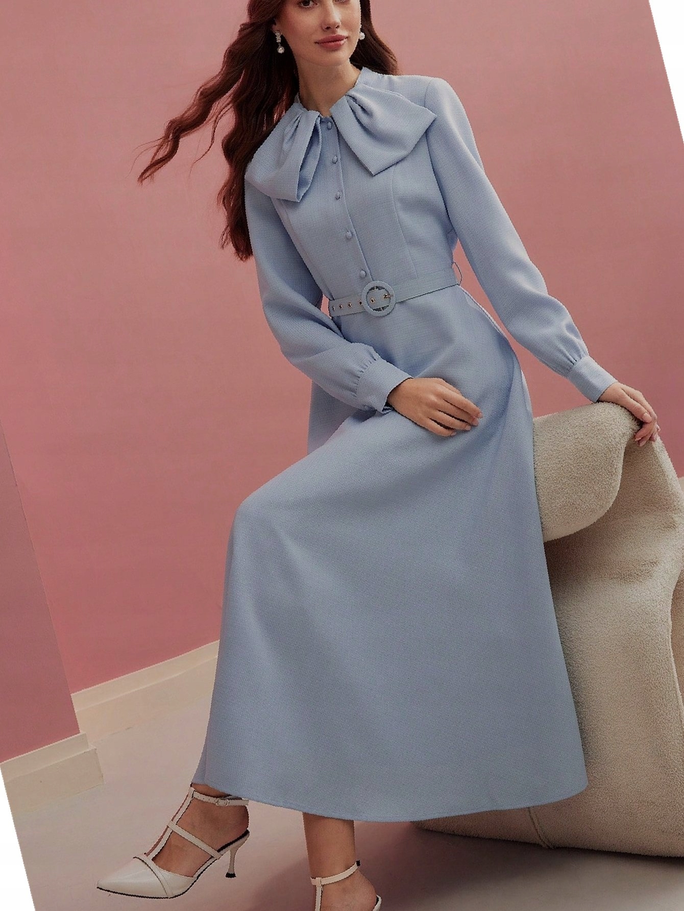 Šaty Elegantní s páskem Modrá Premium Motf Maxi Balowa S 36