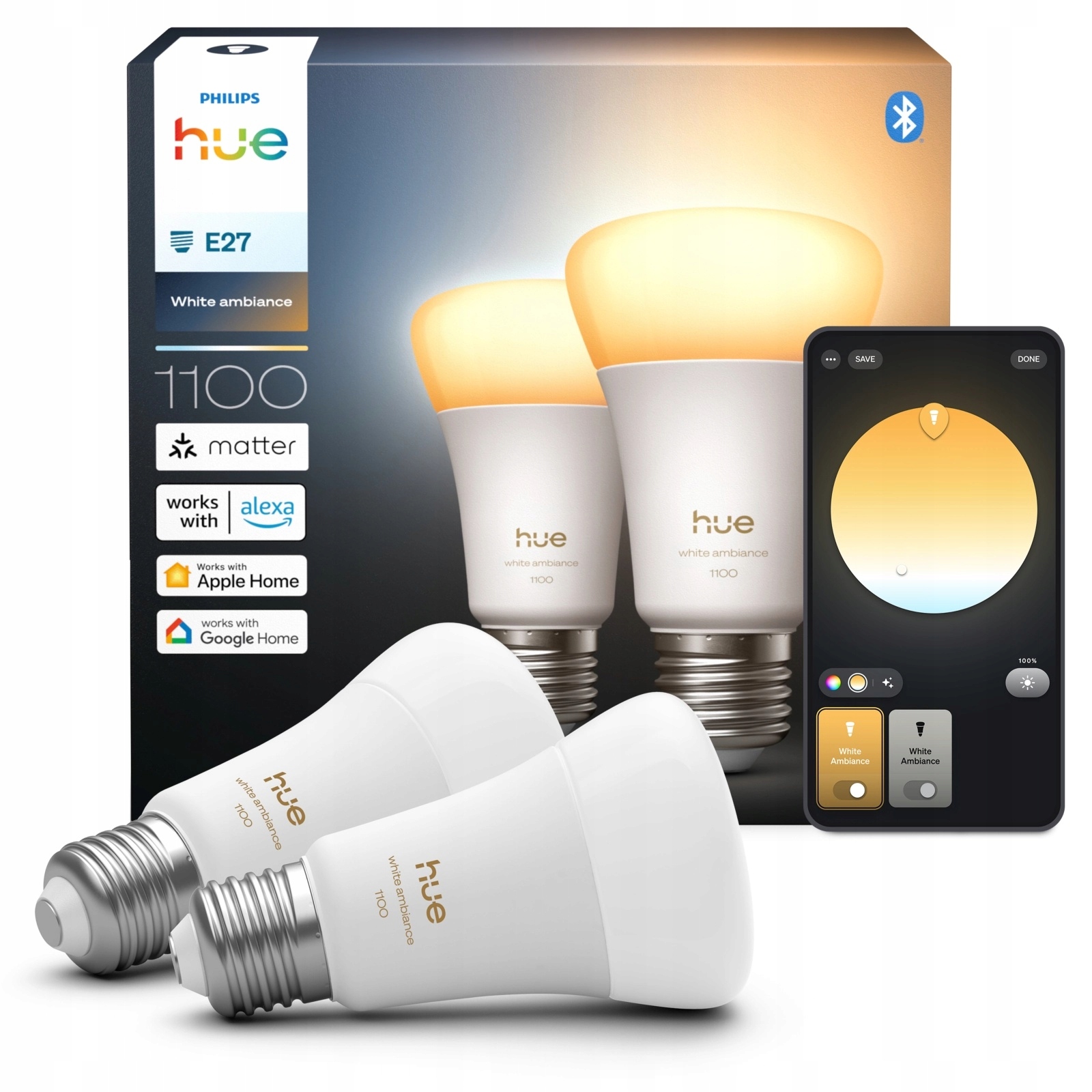 2x Led žárovka E27 8.1W 1100lm Cct Inteligentní bílá Ambiance Philips Hue