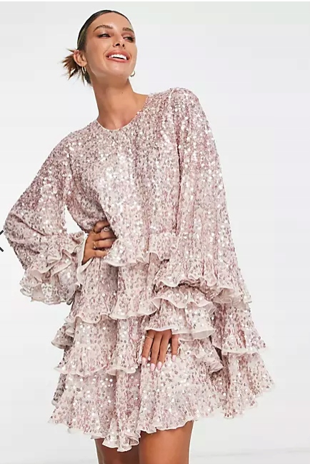 Zdobená Flitrová Koktejlová Šaty S Volánky 36 38 S