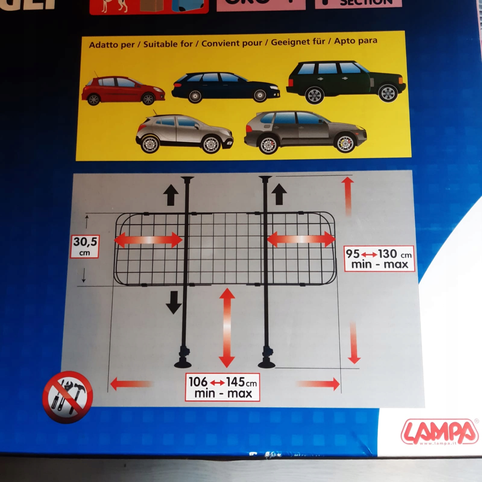 Reguliuojama Lampa bagažinės pertvara šuniui, ekspozicinė su deformacija