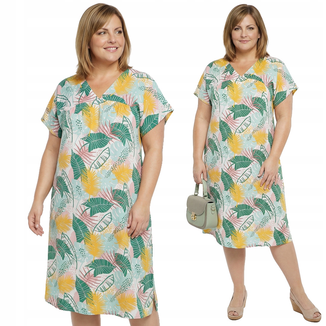 Šaty zeleno-žlutá s tropickými vzory plus size velikost 50