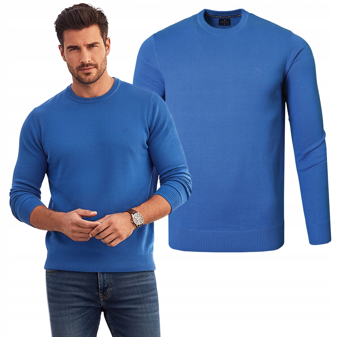 Pánský svetr Klasický Jednobarevný Hladký Basic Modrý M Pako Jeans