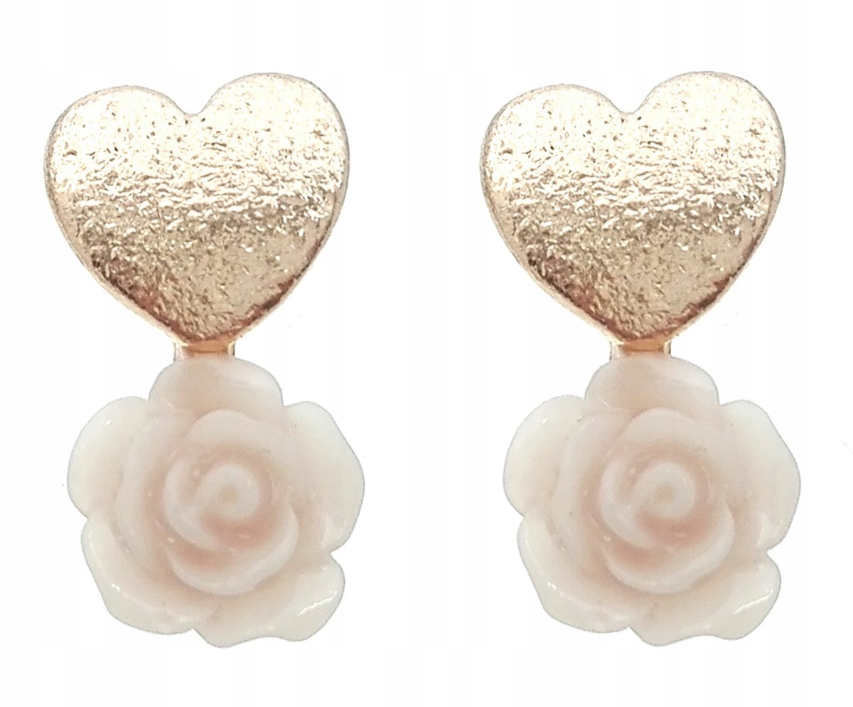 

Kolczyki złote serduszka i róże jasnoróżowe