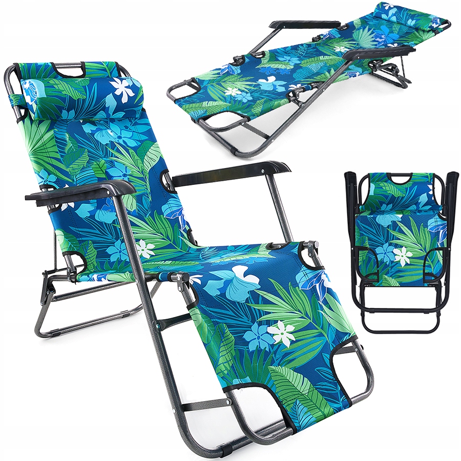 Leżak Plażowy Fotel Ogrodowy Soprato Składany Hawajskie Kwiaty 2W1 Zielony