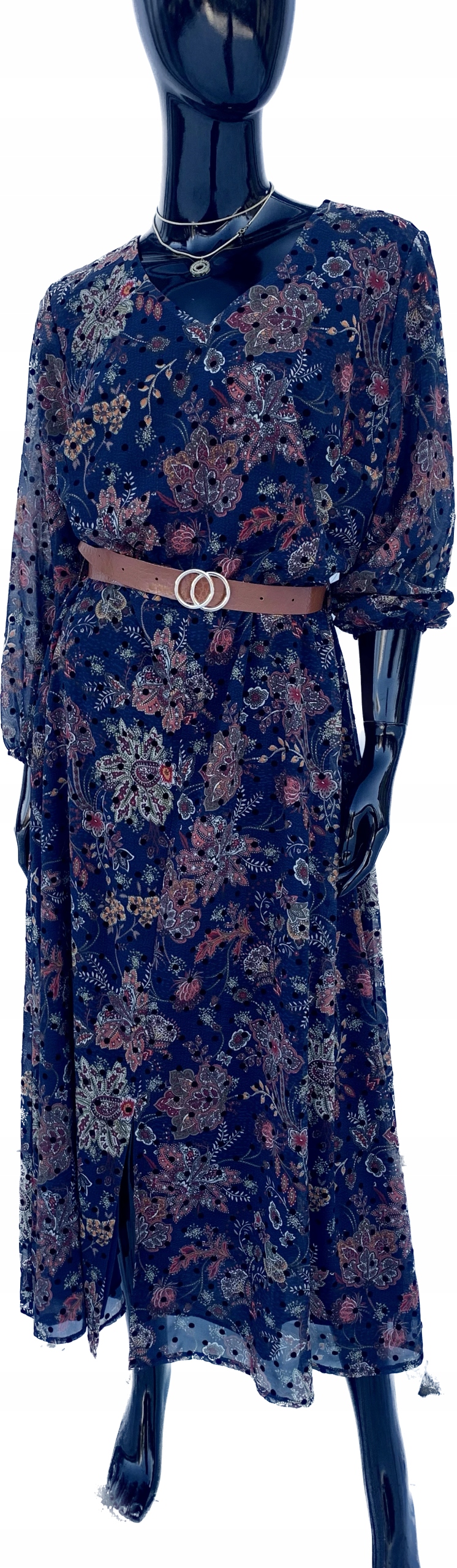 Šaty Tmavě Modrá S Puntíky A Páskem Maxi 44