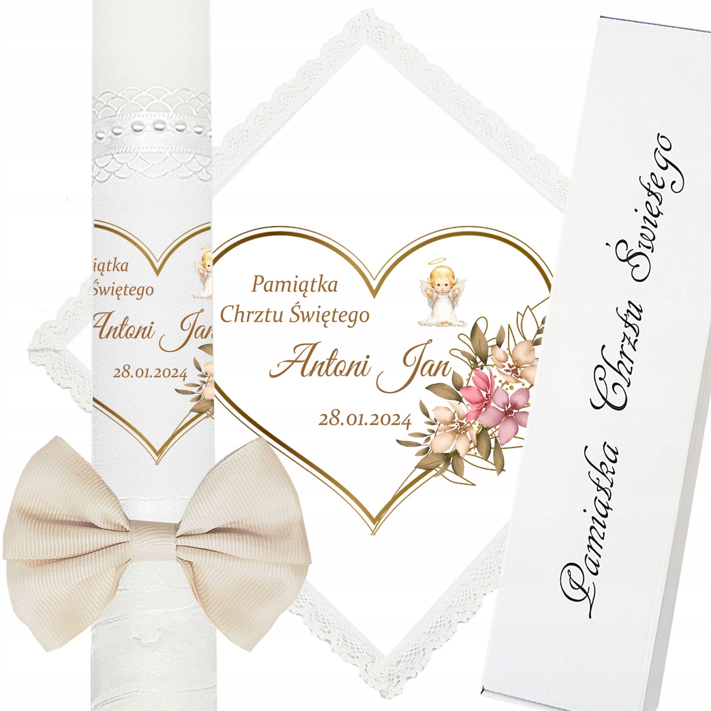 ŚWIECA NA CHRZEST SZATKA DO CHRZTU IMIĘ PUDEŁKO