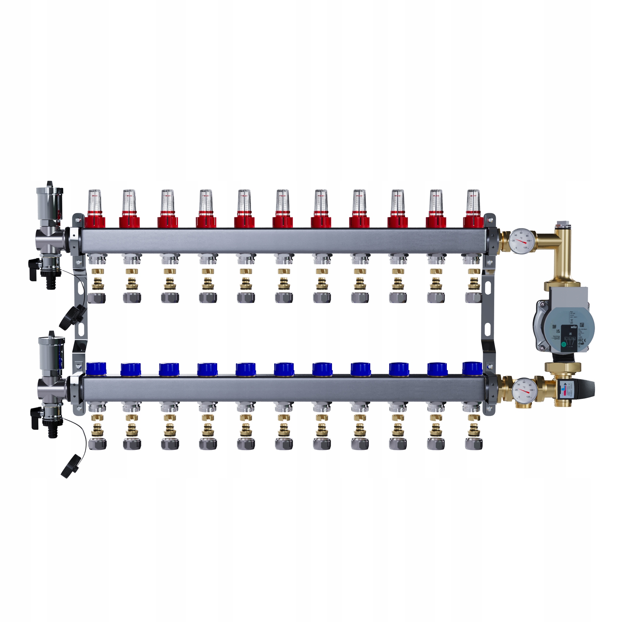 Rozdělovač pro podlahové vytápění 11 nerezový+SPOJKY Pex+pompa Wilo