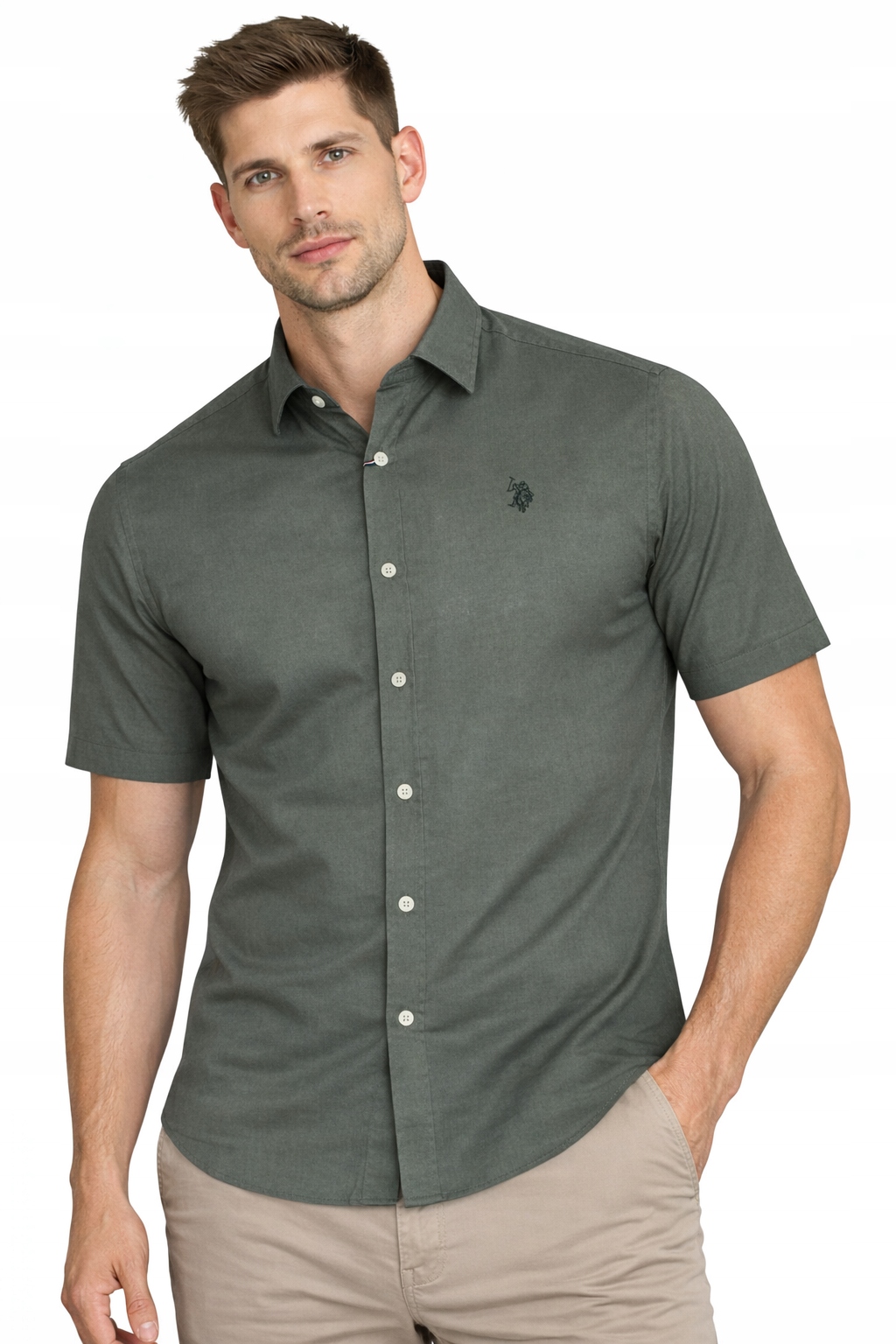 U.s. Polo Assn. Pánská Košile MUP3254-M86F khaki, krátký lněný rukáv