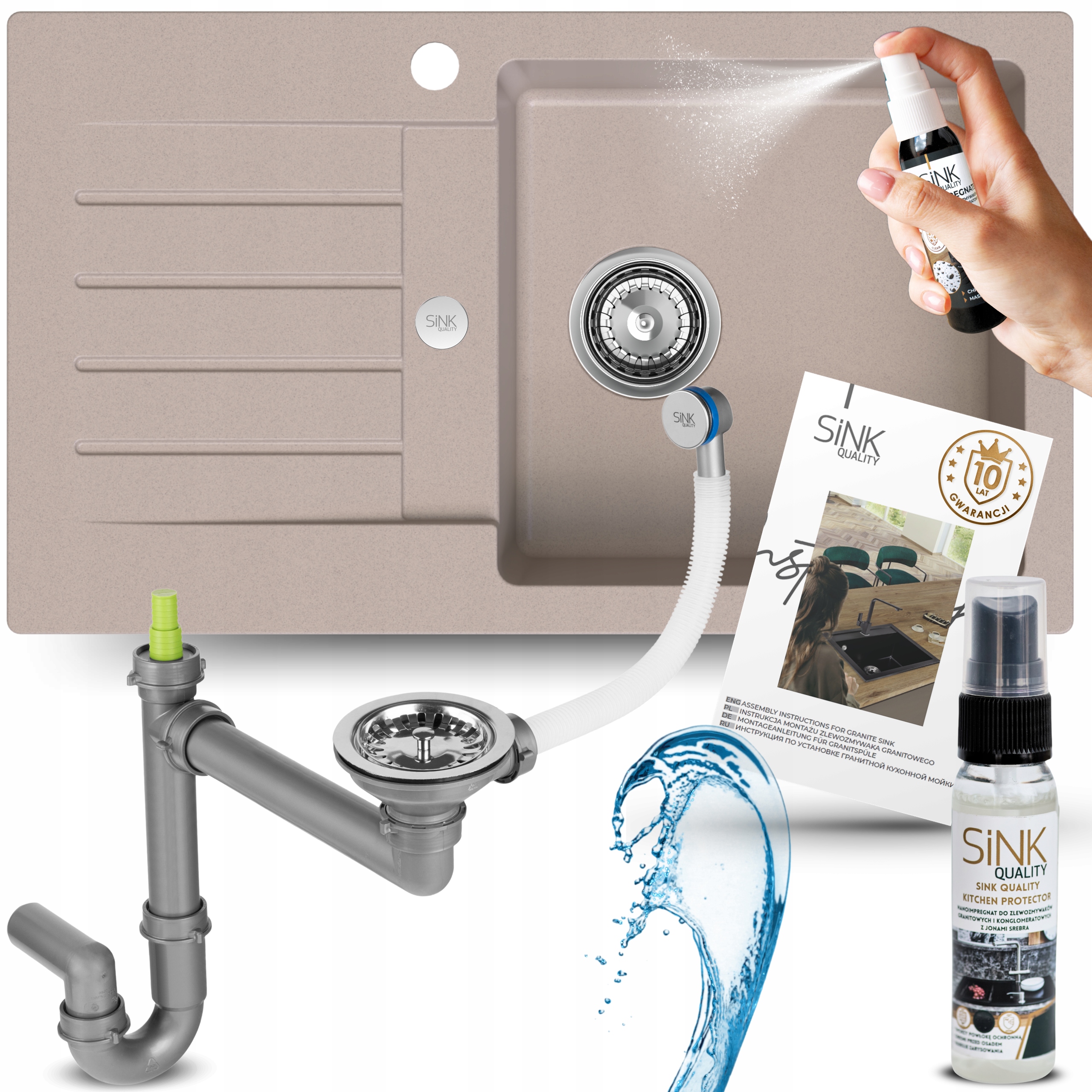 Dřez Granitový dřez béžový Jednokomorový S Odkapávačem sifon