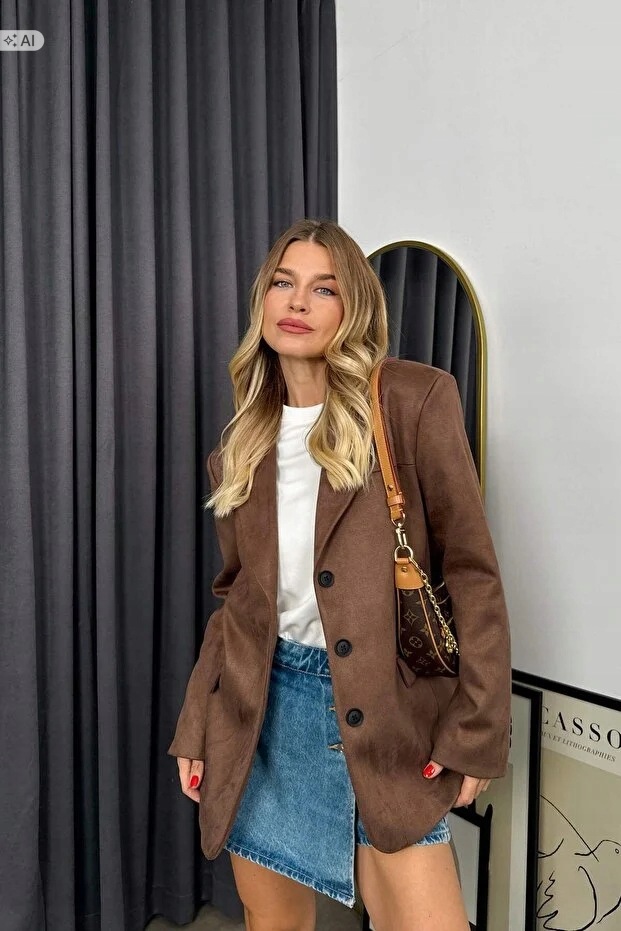 Klasická Hnědá Sako Bunda V Elegantním Stylu S 5IA