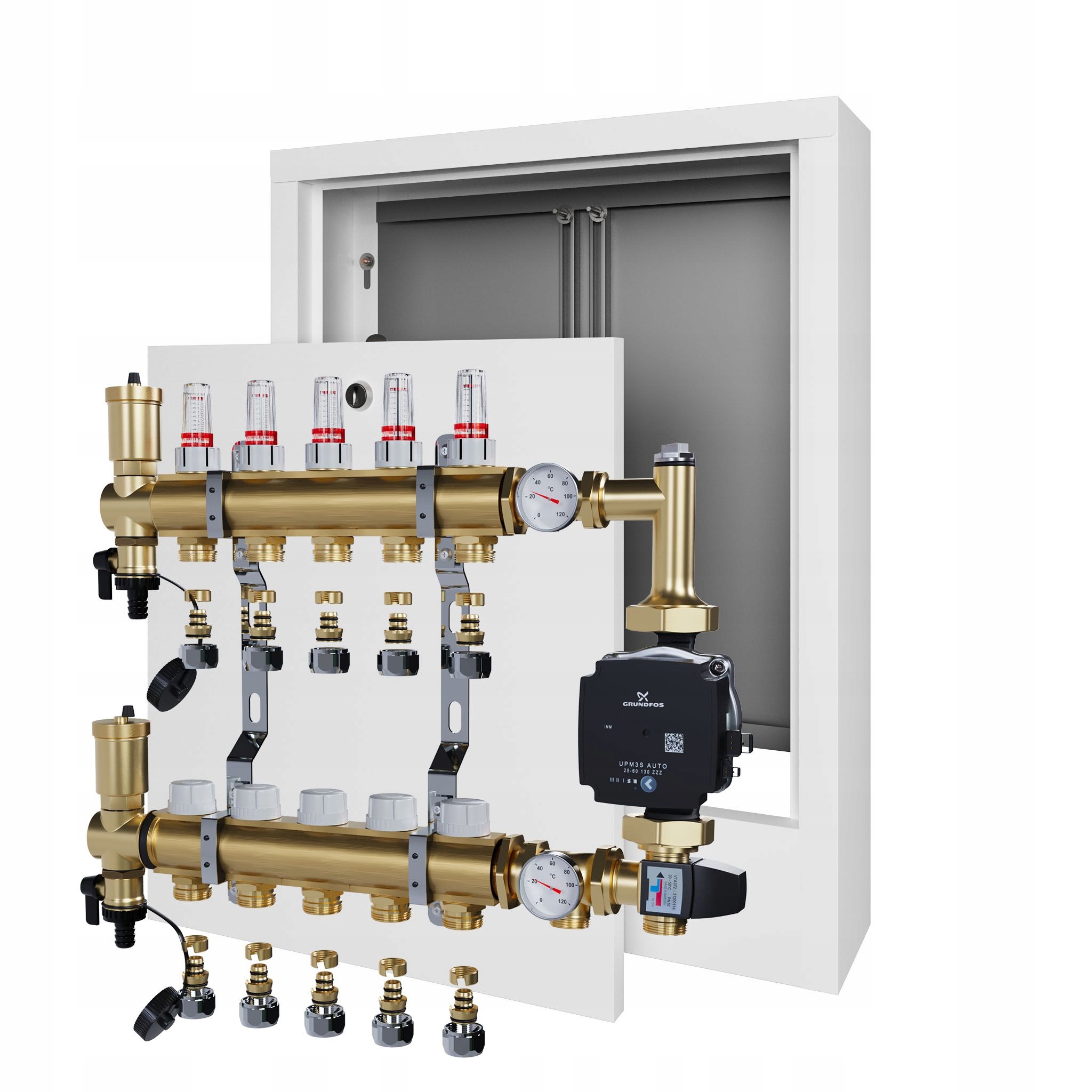 Rozdělovač pro podlahu 5 sekcí s čerpadlem GRUNDFOS+nástěnná skříňka+PEX