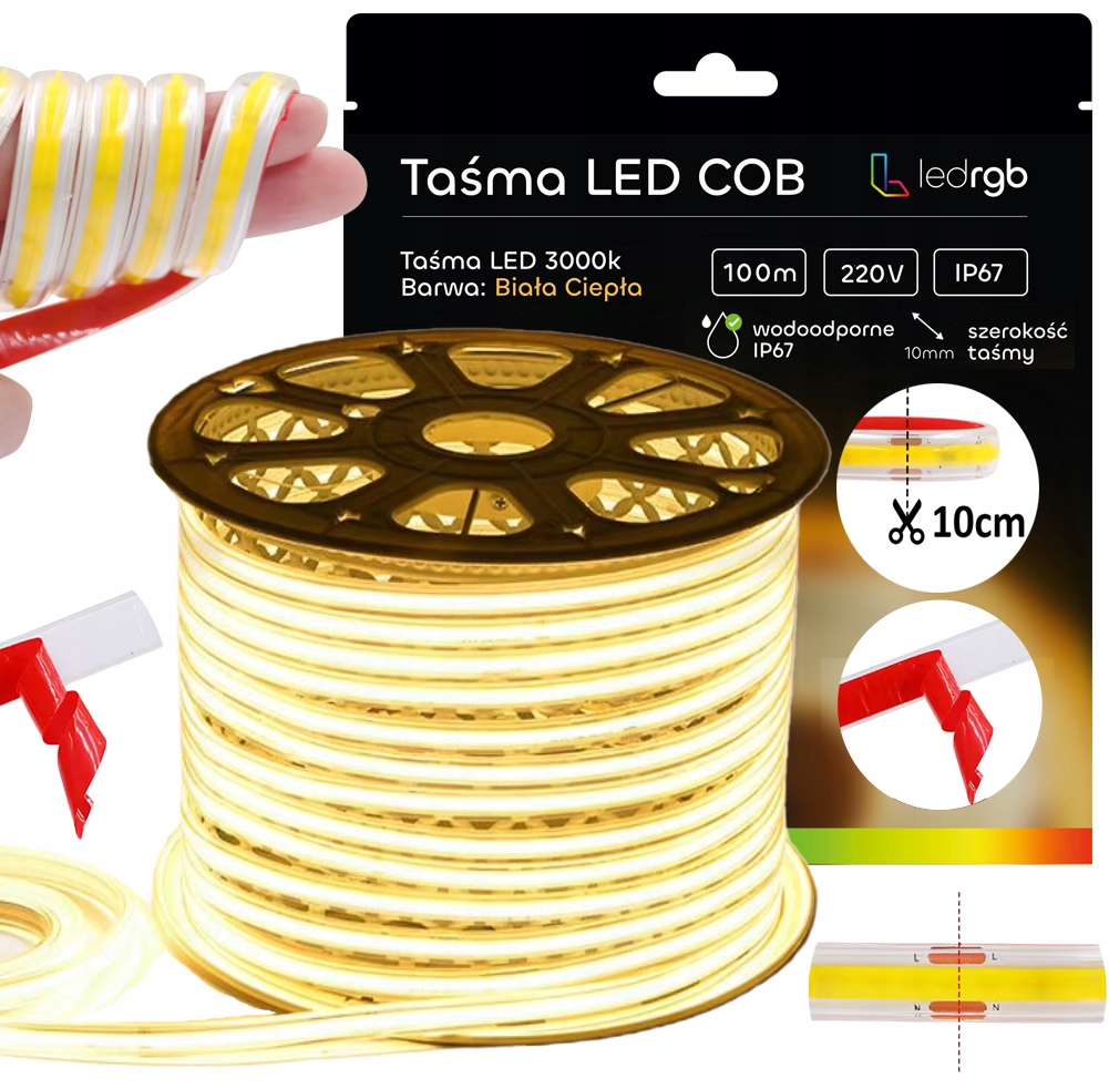 Led Pásek Cob 100 m 230 V Bílý Teplý 3000K Řezaný Každých 10 CM Bez Napájecího Zdroje IP67