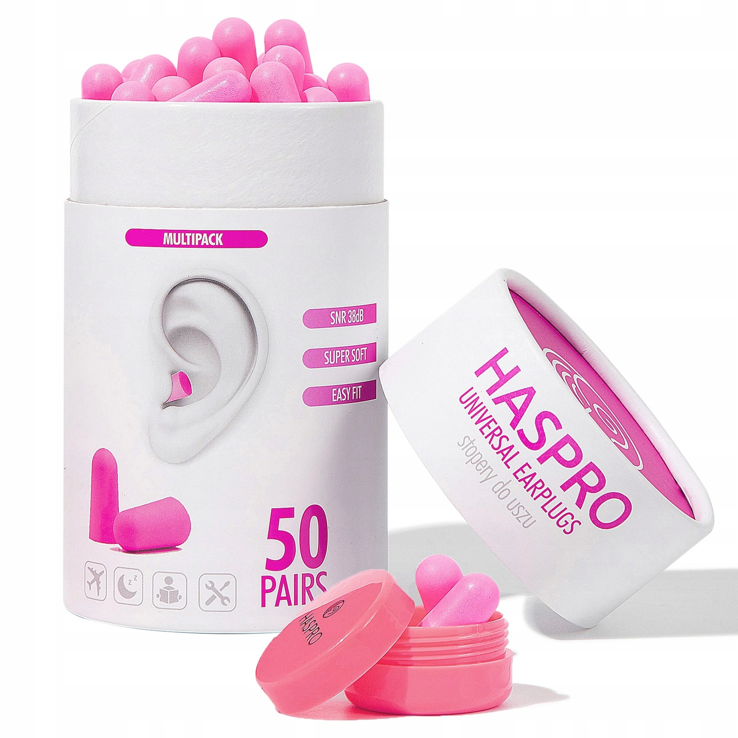 Haspro Universal Earplugs Stopery do uszu kolor różowy tuba 50 par