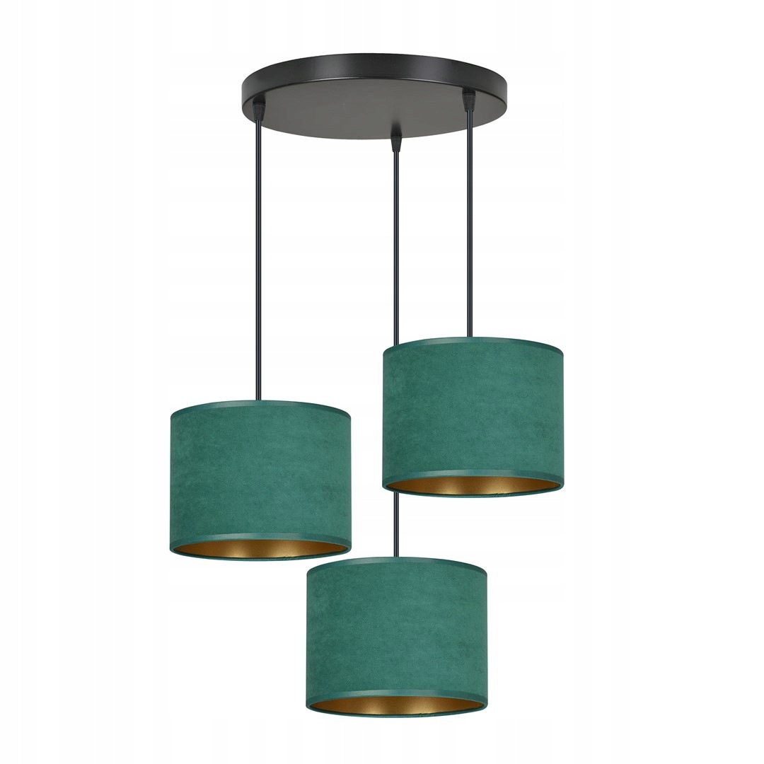 Závěsná lampa Hilde 3-bodová, zelené stínidla z veluru, zlatý interiér